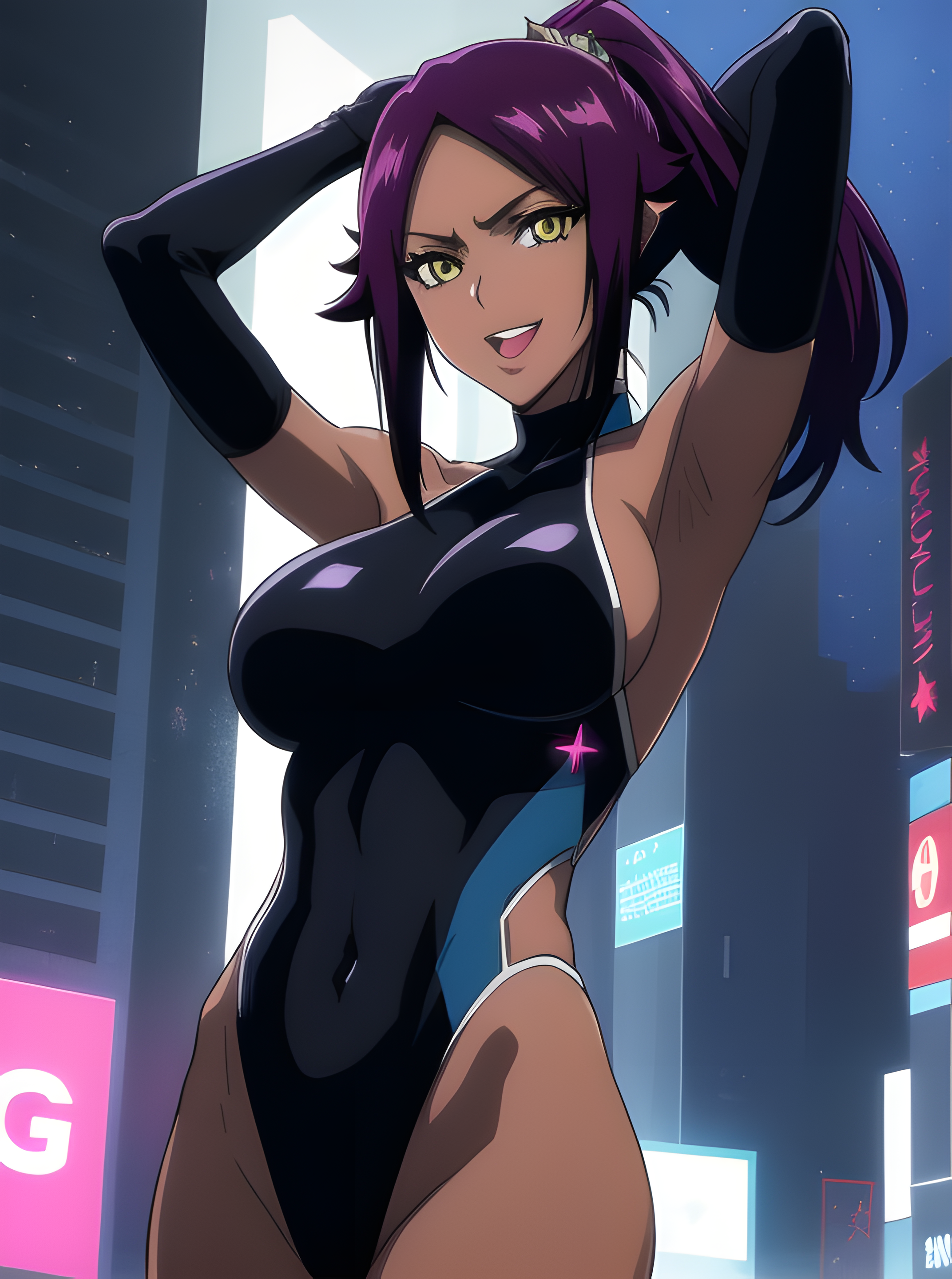 ai generated, artist request, bleach, breasts, dark skin, dark-skinned female, female, nai diffusion, purple hair, shihouin yoruichi, stable diffusion