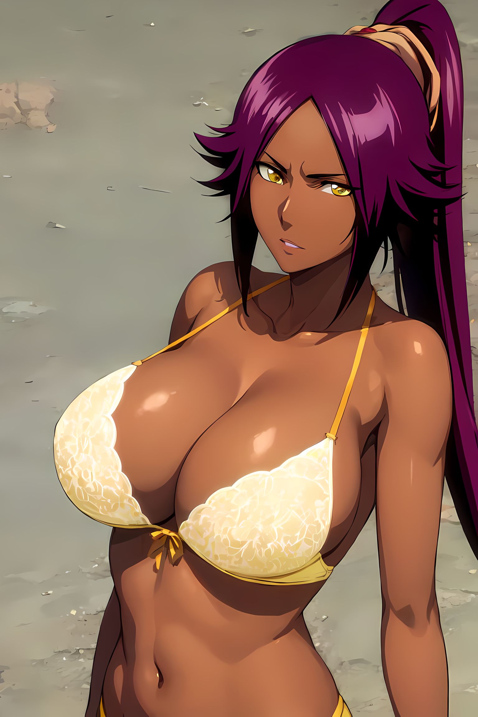 ai generated, artist request, bikini, bleach, breasts, breasts focus, dark skin, dark-skinned female, female, nai diffusion, purple hair, shihouin yoruichi, stable diffusion, yellow eyes