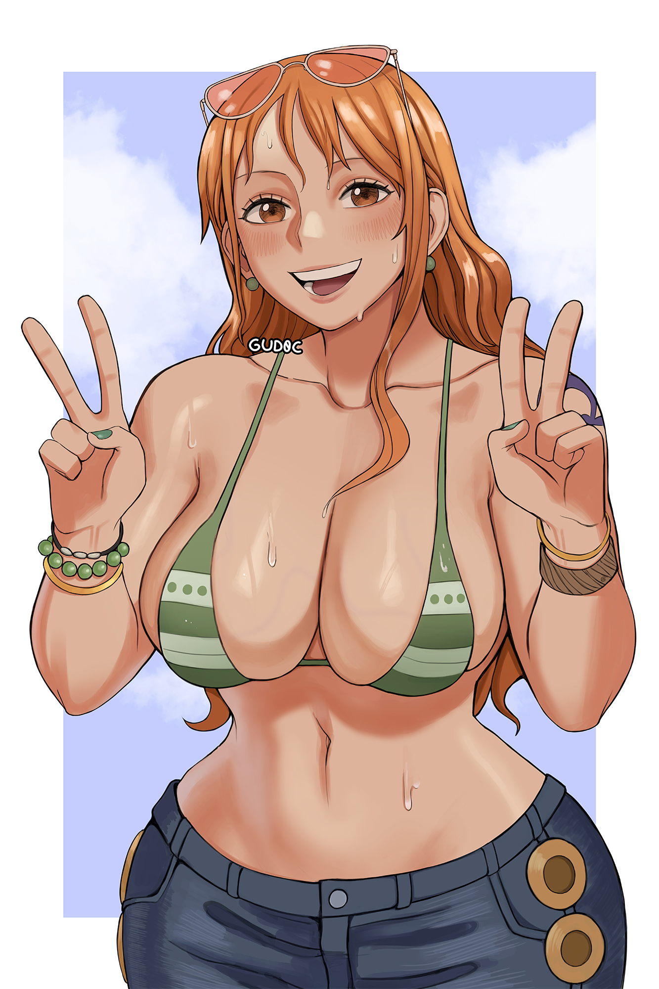 1girls, arm tattoo, big breasts, bikini, bikini top, bikini top only, blue tattoo, breasts, busty, child bearing hips, cleavage, curvy, double v, female, female only, gud0c, jeans, jeans down, large breasts, legs, light skin, light-skinned female, long hair, midriff, nami (one piece), navel, one piece, orange hair, orange-haired female, overflow, overflowing breasts, pants, peace sign, pose, posing, post-timeskip, solo, striped bikini, tattoo, thick thighs, thighs, v, veiny breasts, voluptuous, wide hips