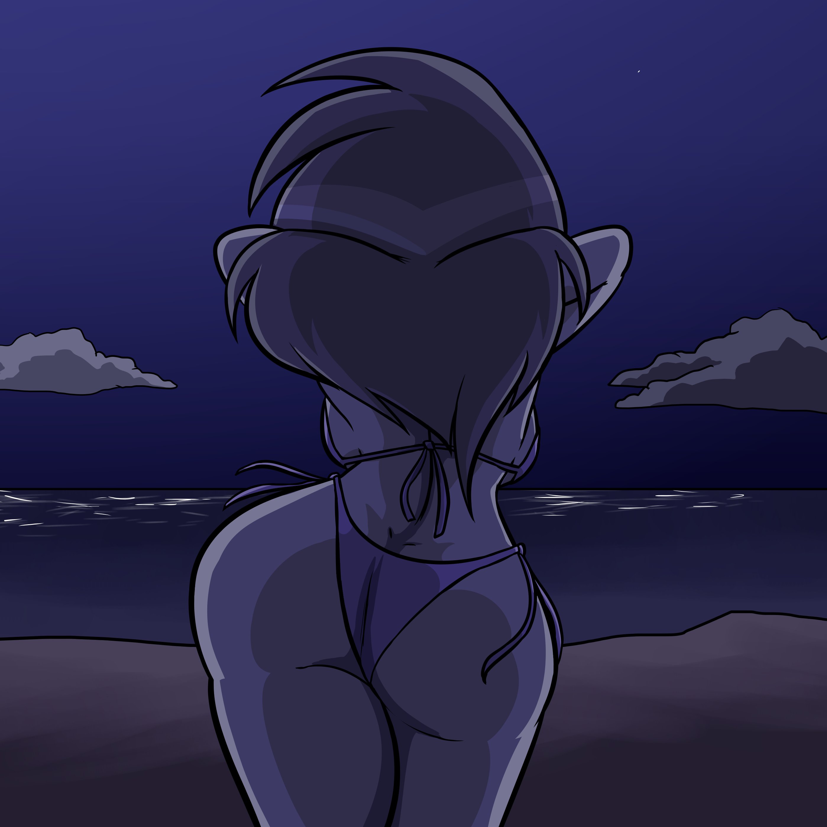 ass, ass bigger than head, background, beach, bikini, eda clawthorne, fat ass, female, gilf, grey hair, hands behind head, hips wider than shoulders, looking away, max1mus, milf, night, swaying hips, the owl house, thick ass, thick thighs