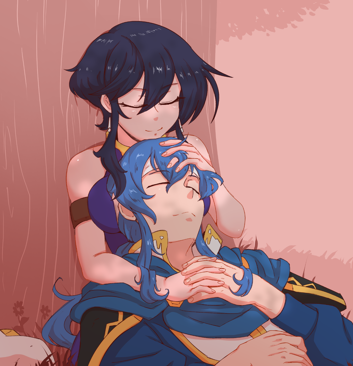 1boy, 1girls, against tree, bard-bot, bare arms, black hair, blue hair, breast smother, breasts, closed eyes, cuddling, earrings, female, fire emblem, fire emblem: genealogy of the holy war, hand in hair, holding hands, hug, larcei (fire emblem), long hair, long sleeves, male, medium breasts, more at source, nintendo, outdoors, ponytail, seliph (fire emblem), short hair, sleeveless, smile, tree, wholesome