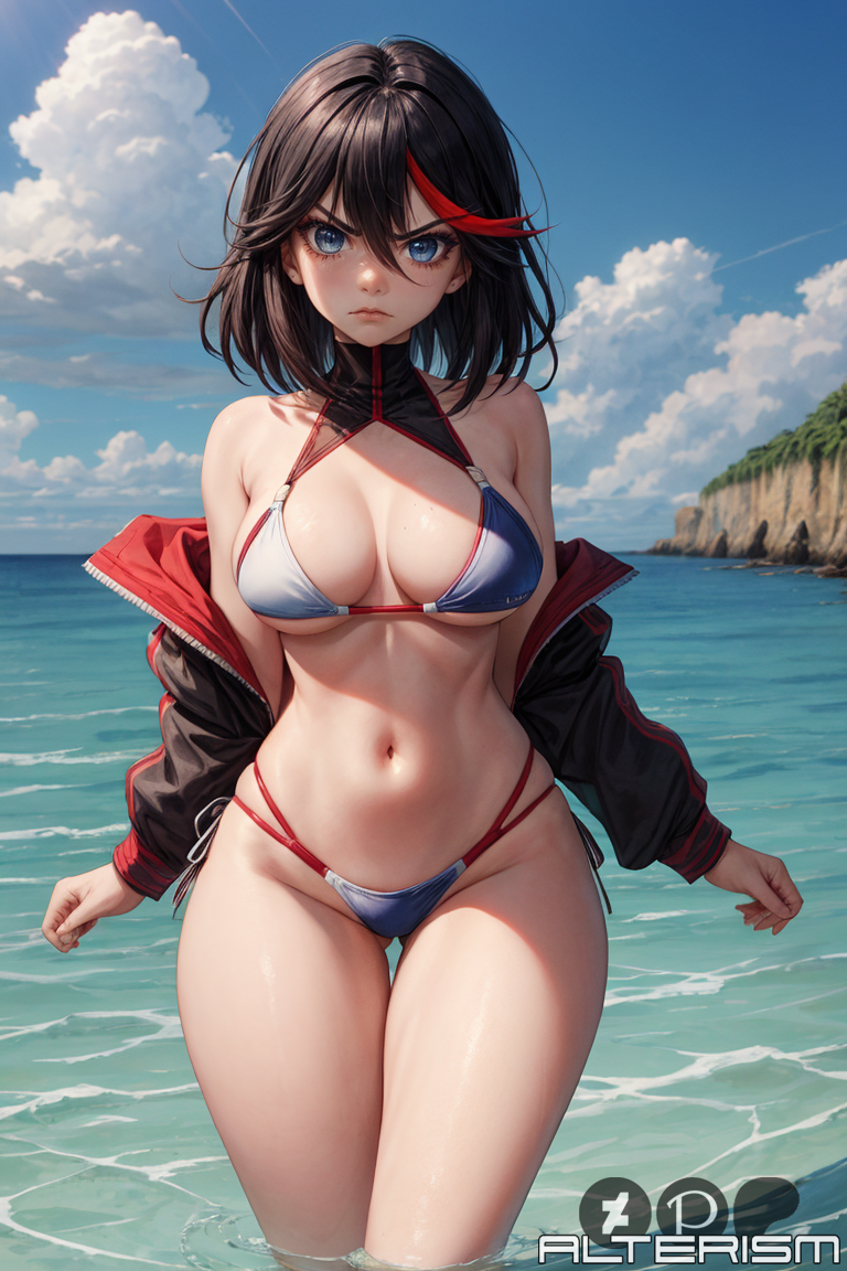 1girls ai_generated alterism angry beach bikini bikini_top black_hair blue_eyes breasts cleavage female_focus groin highleg jacket kill_la_kill light-skinned_female light_skin looking_at_viewer matoi_ryuuko medium_breasts multicolored_hair navel ocean open_jacket shiny_skin short_hair skindentation sky solo stable_diffusion standing thick_thighs wading