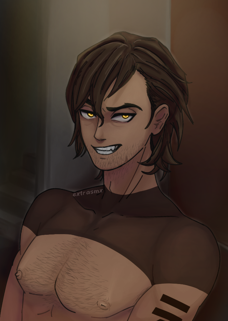 boyfriend_to_death breasts brown_hair chest chest_hair extrasmx facial_hair front_view male muscular solo strade torso yellow_eyes