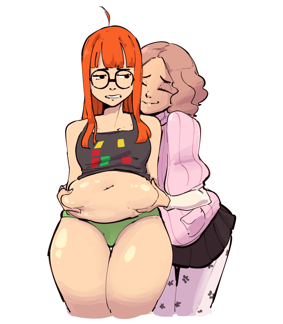 artist_request bbw belly belly_bulge belly_overhang chubby chubby_female clothing embarrassed forced_presentation haru_okumura huge_belly lesbian overweight overweight_female panties persona persona_5 sakura_futaba skirt smiling squeezing_belly squishing_belly squishy teasing thick_thighs thighhighs yuri