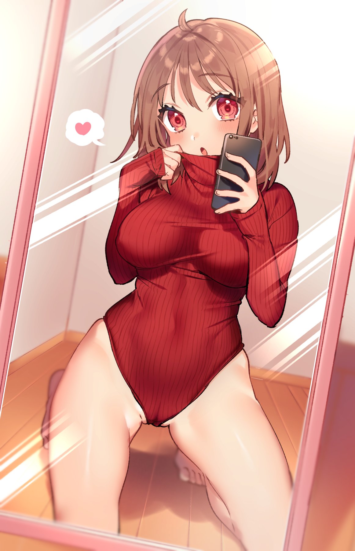 1girls :o ahoge ass_visible_through_thighs bangs bare_legs barefoot blush breasts brown_hair cellphone covered_navel cute female heart highleg highleg_leotard holding holding_phone indoors kneeling large_breasts leotard long_sleeves looking_at_viewer medium_breasts medium_hair mirror open_mouth original original_character phone red_eyes red_leotard red_sweater reflection ribbed_leotard sakura_yuki_(clochette) selfie sleeves_past_wrists smartphone solo spoken_heart sweater thighs turtleneck wooden_floor