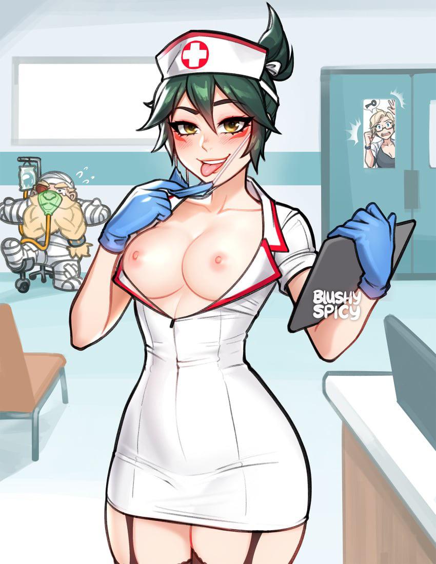 asian_female blushypixy blushyspicy breasts breasts_out caucasian_male female female_focus green_eyes green_hair happy hidden_amogus horny_female interracial kiriko_(overwatch) licking_lips looking_at_viewer mercy nipples no_bra nurse_uniform overwatch overwatch_2 sussy_baka tongue_out torbjörn undressing white_body white_male white_male_asian_female white_skin