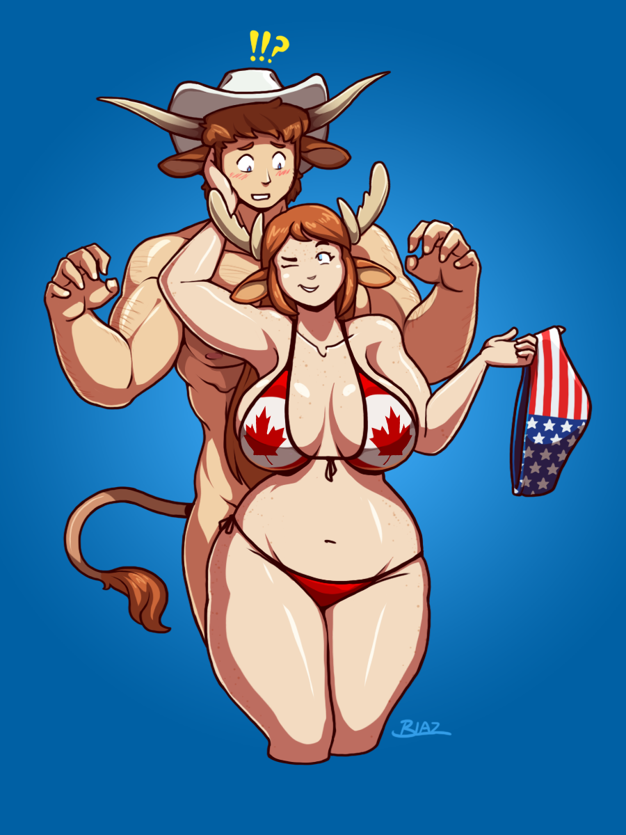 big_breasts bikini bikini_bottom bikini_top blazbaros blush breasts bull_boy bull_horns canadian_flag canadian_flag_bikini curvaceous curvy curvy_body curvy_female curvy_figure curvy_hips curvy_thighs deer_girl deer_horns duo female freckles hand_on_another's_head hips horns imminent_sex male muscular_male naked nervous nude surprised teasing thick_thighs thighs underwear undressing voluptuous wide_hips wink winking