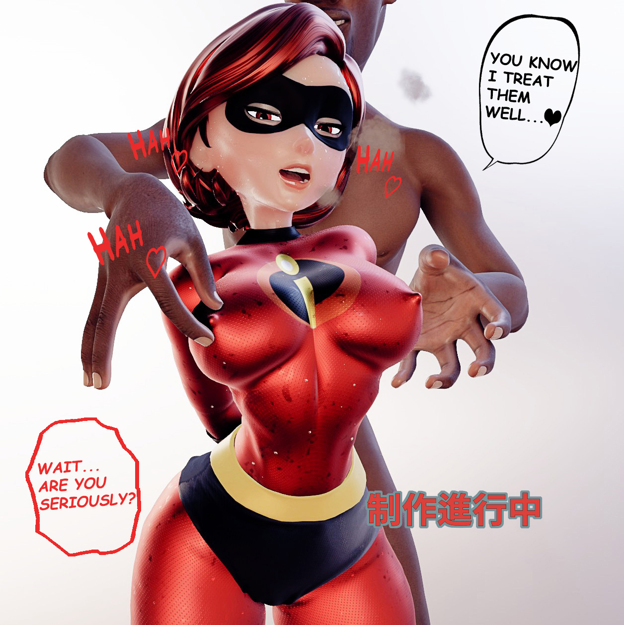 1boy, 1girls, 3d, 3d (artwork), bodysuit, breasts, clothed female, clothed female nude male, dark skin, dark-skinned male, disney, elastigirl, erect nipples, female, female focus, frozone, helen parr, heroineism, interracial, light skin, light-skinned female, lucius best, male, mask, masked, masked female, mature female, milf, mother, nipple bulge, nipples, nude, nude male, pixar, the incredibles, tight clothing, wide hips