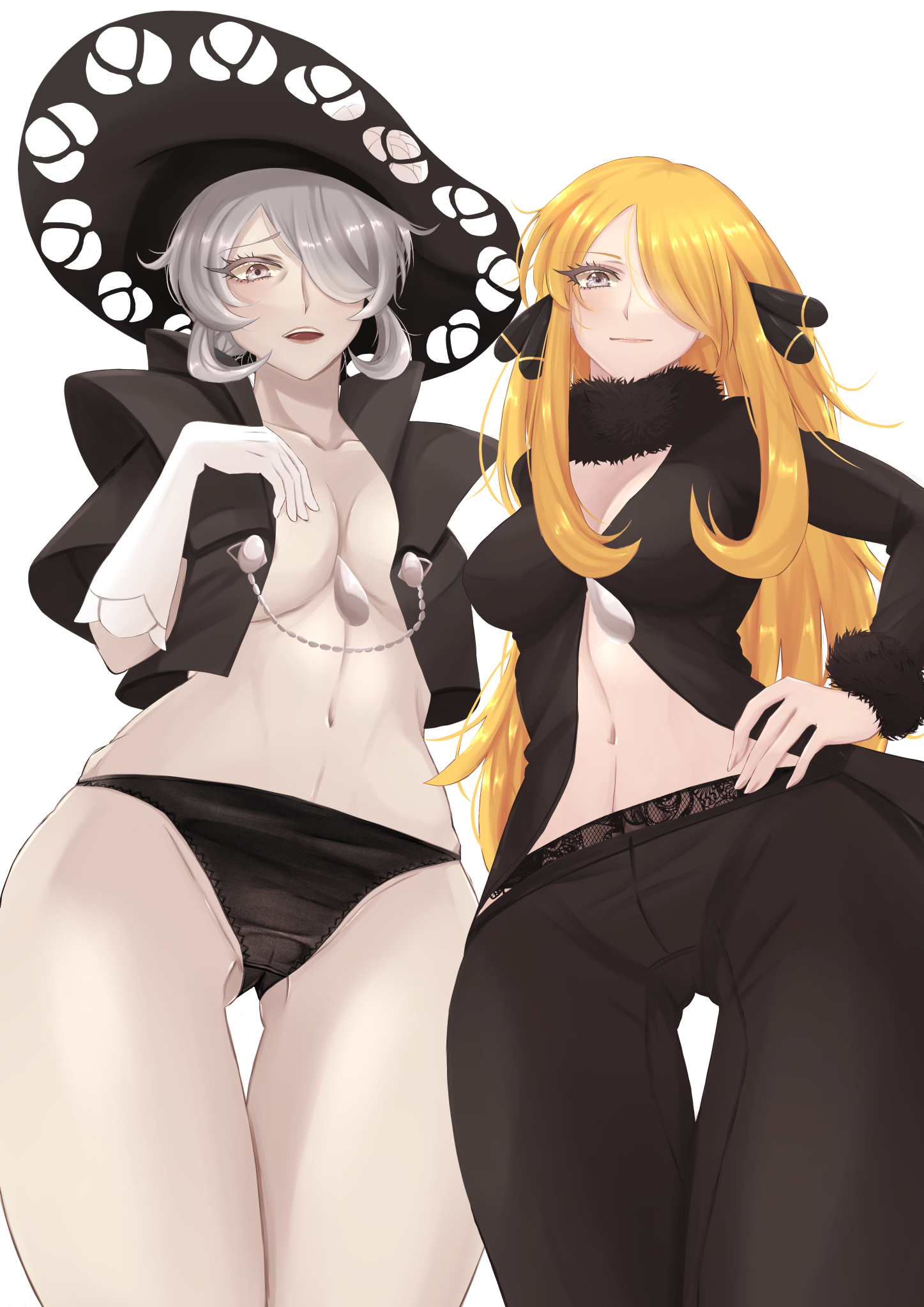 2girls, alternate version available, ancestor and descendant, big breasts, black eyes, black panties, black pants, blonde hair, bottomwear, breasts, cleavage, cogita (pokemon), cynthia (pokemon), female, female only, game freak, hair, hair over one eye, hand on hip, hat, headwear, hips, huge breasts, kikyouta, lace, lace trim, lace-trimmed panties, lingerie, long hair, looking at viewer, mature, mature female, milf, multiple females, multiple girls, pants, pokemon, pokemon dppt, pokemon legends: arceus, short hair, white hair