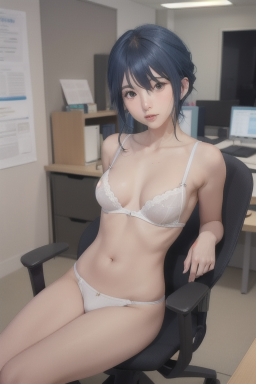 ai_generated blue_hair bra computer desk lingerie looking_at_viewer office office_chair panties partially_nude petite purple_hair realistic seductive shima_rin small_breasts thighs yurucamp yurucamp_movie