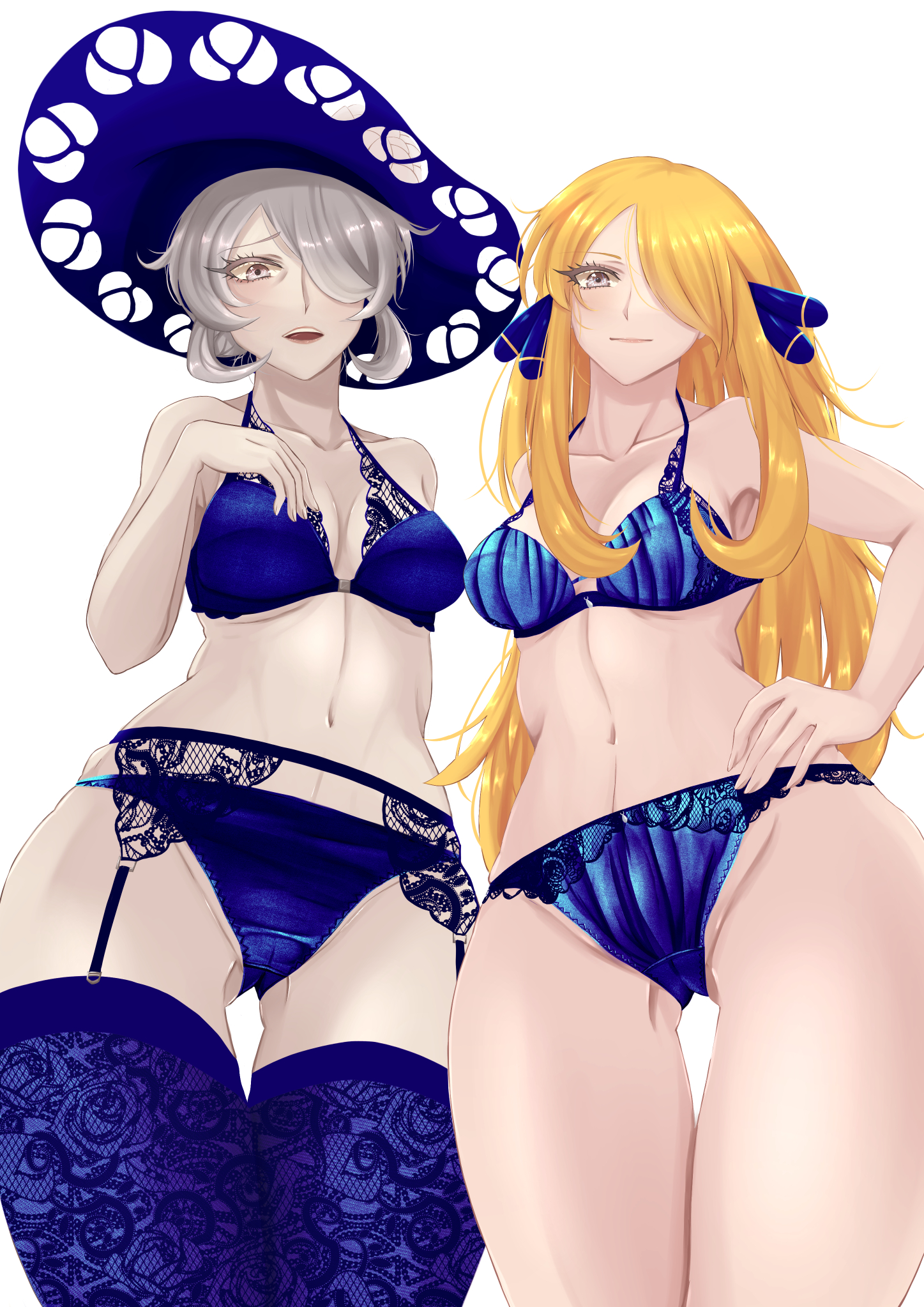 2girls, alternate version available, ancestor and descendant, big breasts, black eyes, blonde hair, blue bra, blue panties, blue thighhighs, bottomwear, bra, breasts, cleavage, cogita (pokemon), cynthia (pokemon), female, female only, game freak, garter belt, garter straps, hair, hair over one eye, hand on hip, hat, headwear, hips, huge breasts, kikyouta, lace, lace trim, lace-trimmed bra, lace-trimmed garter belt, lace-trimmed legwear, lace-trimmed panties, lace-trimmed thighhighs, legwear, lingerie, long hair, looking at viewer, mature, mature female, milf, multiple females, multiple girls, nipples, panties, pokemon, pokemon dppt, pokemon legends: arceus, short hair, thighhighs, topwear, white hair