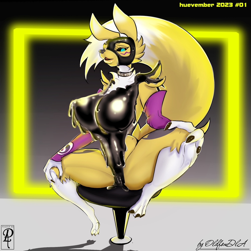 anthro bandai_namco big_breasts black_sclera blue_eyes breasts clothing digimon digimon_(species) female fur huevember latex mammal oldfoxdla renamon rubber rubber_clothing rubber_suit solo tomoe_(symbol) white_body white_fur yellow_body yellow_fur