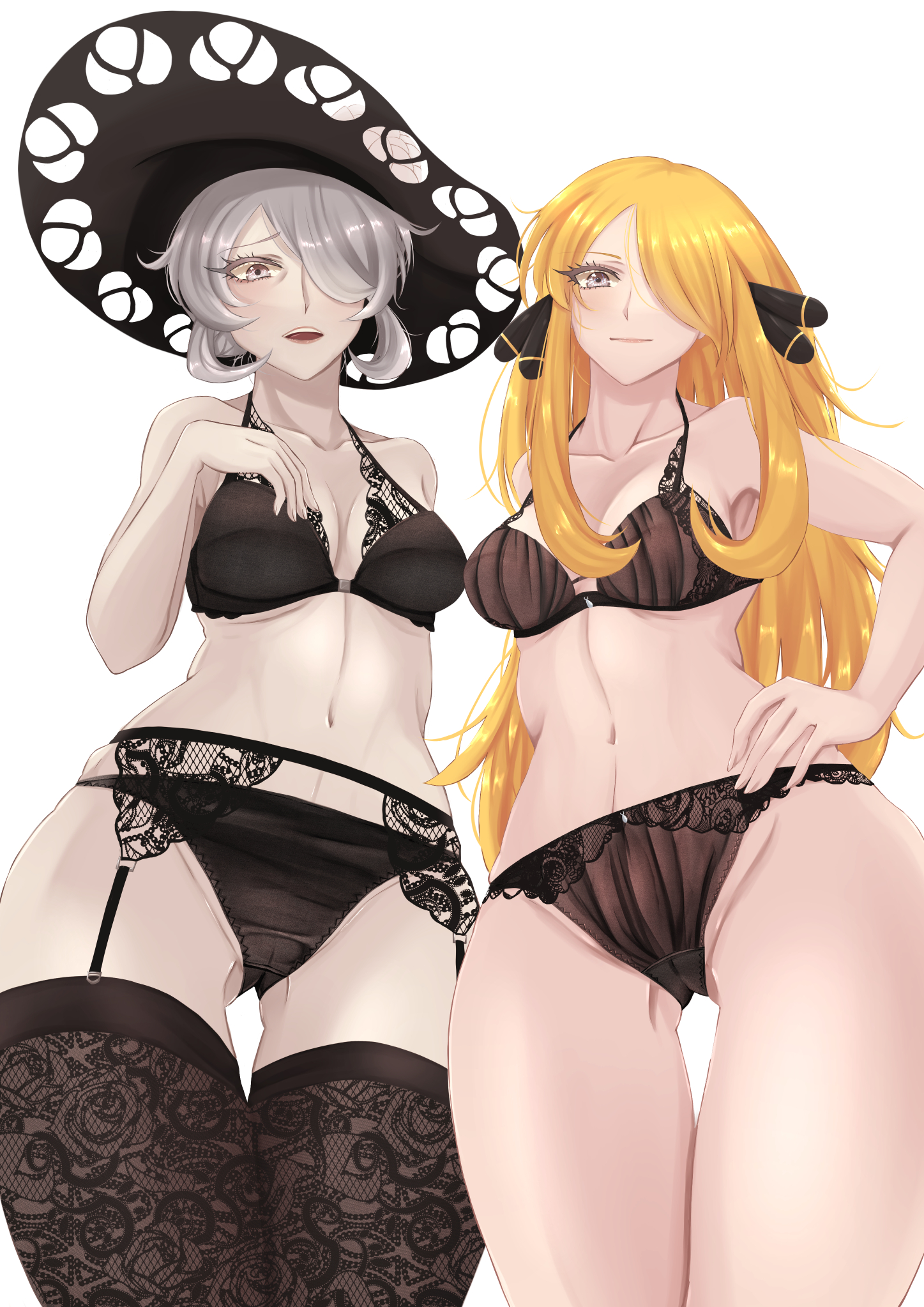 2girls, alternate version available, ancestor and descendant, big breasts, black bra, black eyes, black panties, black thighhighs, blonde hair, bottomwear, bra, breasts, cleavage, cogita (pokemon), cynthia (pokemon), female, female only, game freak, garter belt, garter straps, hair, hair over one eye, hand on hip, hat, headwear, hips, huge breasts, kikyouta, lace, lace trim, lace-trimmed bra, lace-trimmed garter belt, lace-trimmed legwear, lace-trimmed panties, lace-trimmed thighhighs, legwear, lingerie, long hair, looking at viewer, mature, mature female, milf, multiple females, multiple girls, nipples, panties, pokemon, pokemon dppt, pokemon legends: arceus, short hair, thighhighs, topwear, white hair