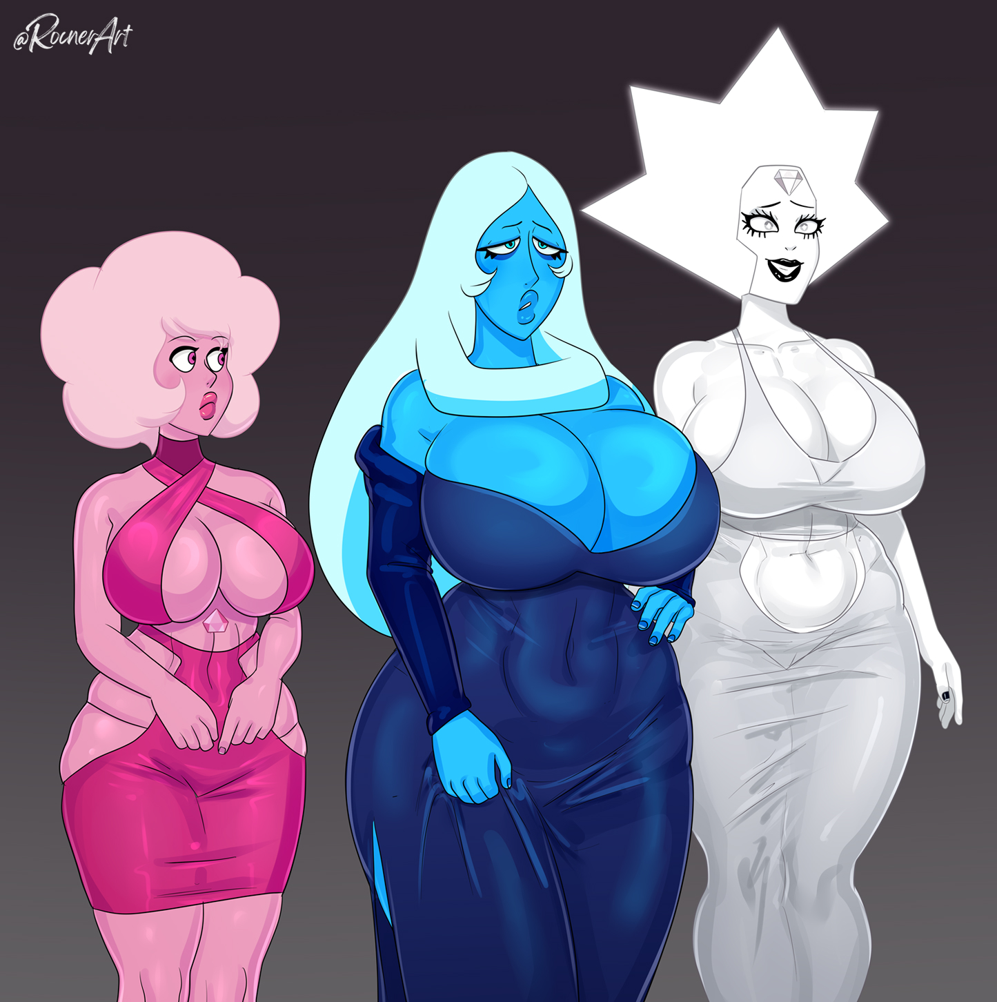 big breasts, blue diamond (steven universe), breasts, cartoon network, cleavage, diamond authority, female, gem (species), huge breasts, mature female, milf, pink diamond (steven universe), rocner, standing, steven universe, tagme, tight dress, white diamond (steven universe)