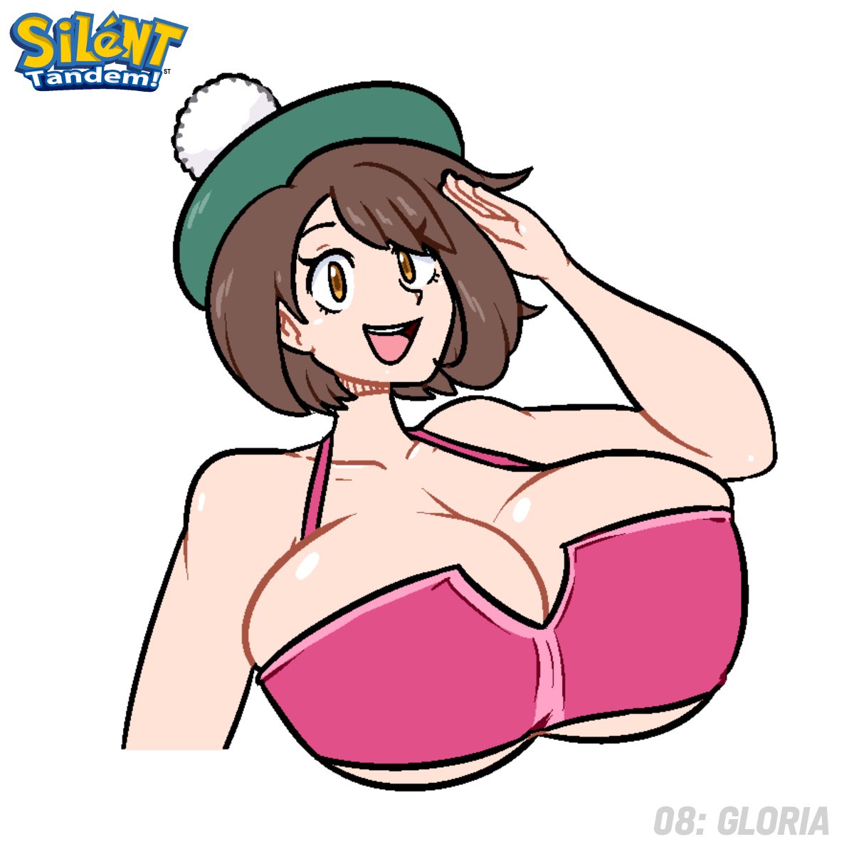 1girls, alternate breast size, beret, big breasts, bikini top, boob window, breasts, brown eyes, brown hair, female, female only, gloria (pokemon), huge breasts, large breasts, pokemon, pokemon ss, silenttandem, solo, underboob