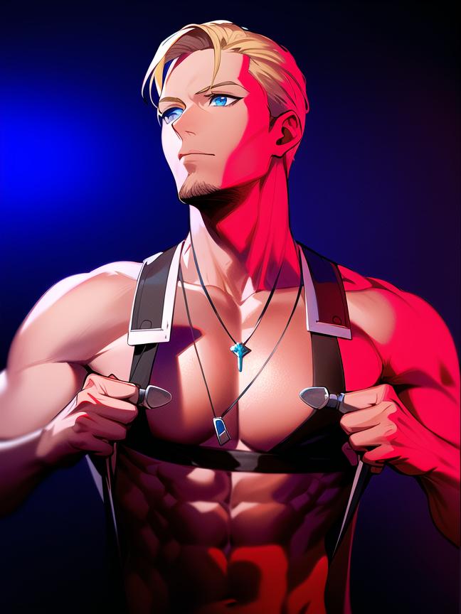 ai_generated attack_on_titan bara blonde_hair blue_eyes cosplay erwin_smith gay leather leather_straps leon_chiro leon_chiro_(cosplay) leon_chiro_(cosplayer) male male_only muscles muscular muscular_arms muscular_chest muscular_male muscular_pecs pecs shirtless yaoi