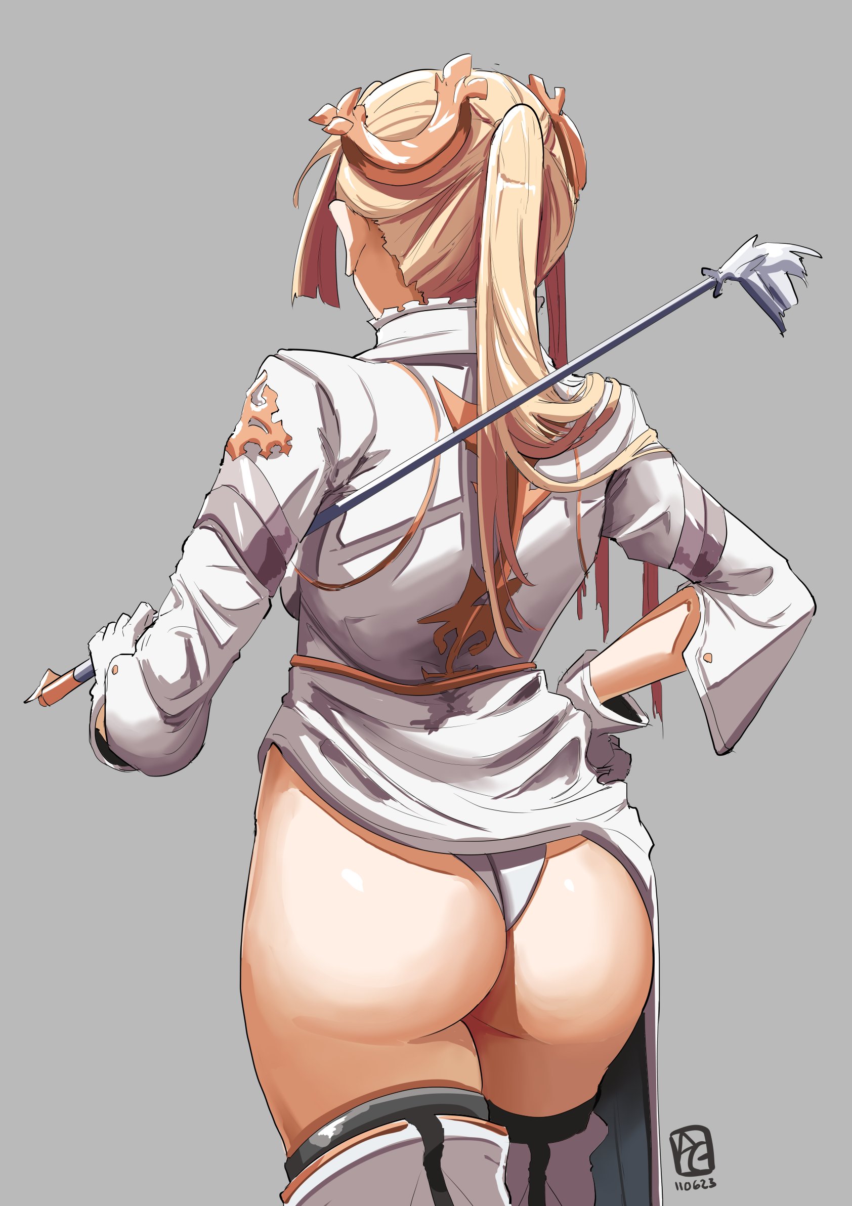 1girls, android, ass, asymmetrical bangs, automatic giraffe, back to viewer, back turned, bangs, big ass, big butt, blonde hair, bubble ass, bubble butt, cheeked up, clothed, clothing, dress aside, dress pull, female, gloves, gynoid, hair ornament, hi res, highres, long hair, long ponytail, nier (series), nier: automata, ponytail, showing ass, thigh highs, thighhighs, uniform, yorha commander