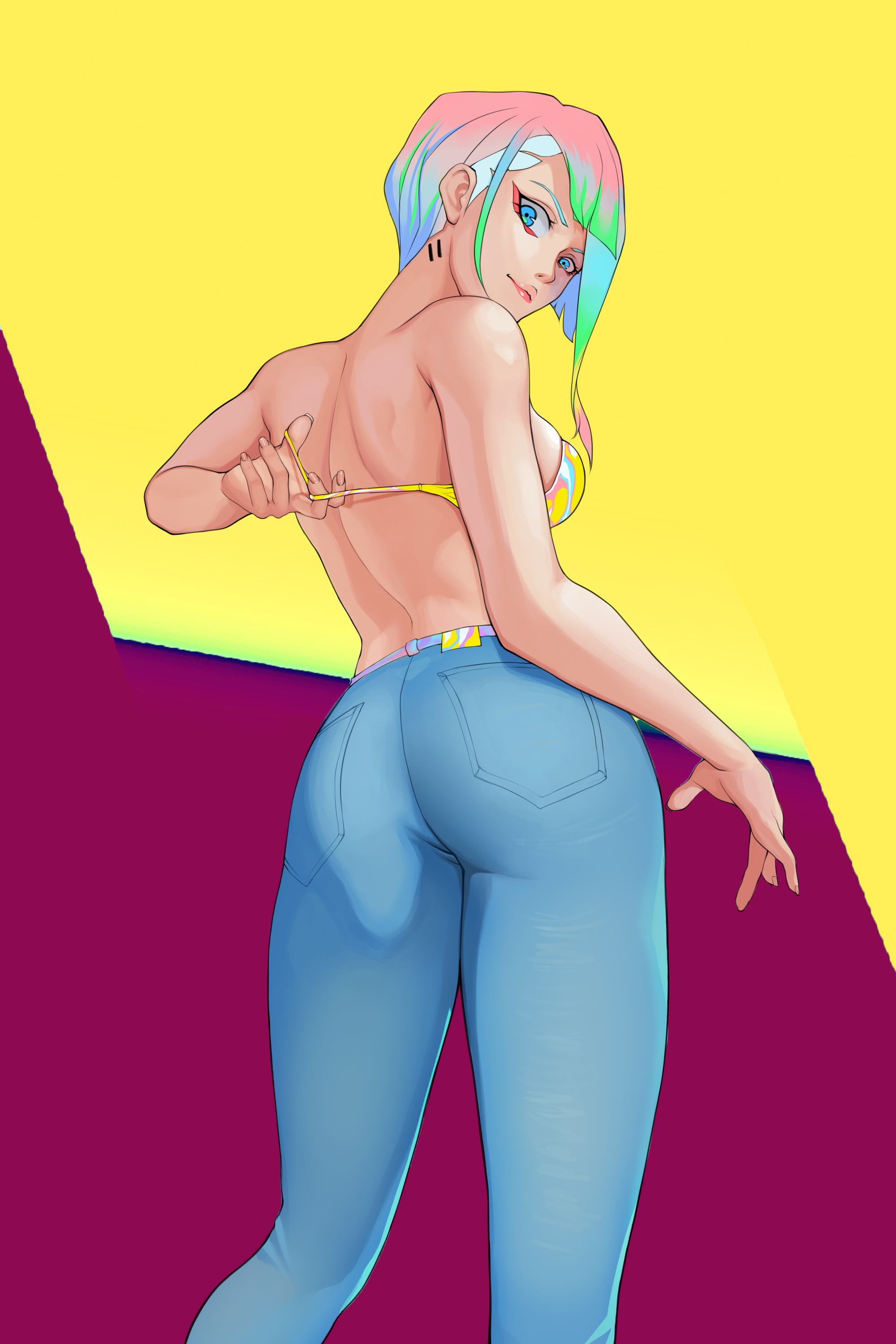 1girls, alternate ass size, ass, ass focus, big ass, bra, cd projekt red, cyberpunk: edgerunners, female, female only, huge ass, jeans, light skin, light-skinned female, looking at viewer, looking back, lucyna kushinada, studio trigger, thick thighs, tight clothing, topless