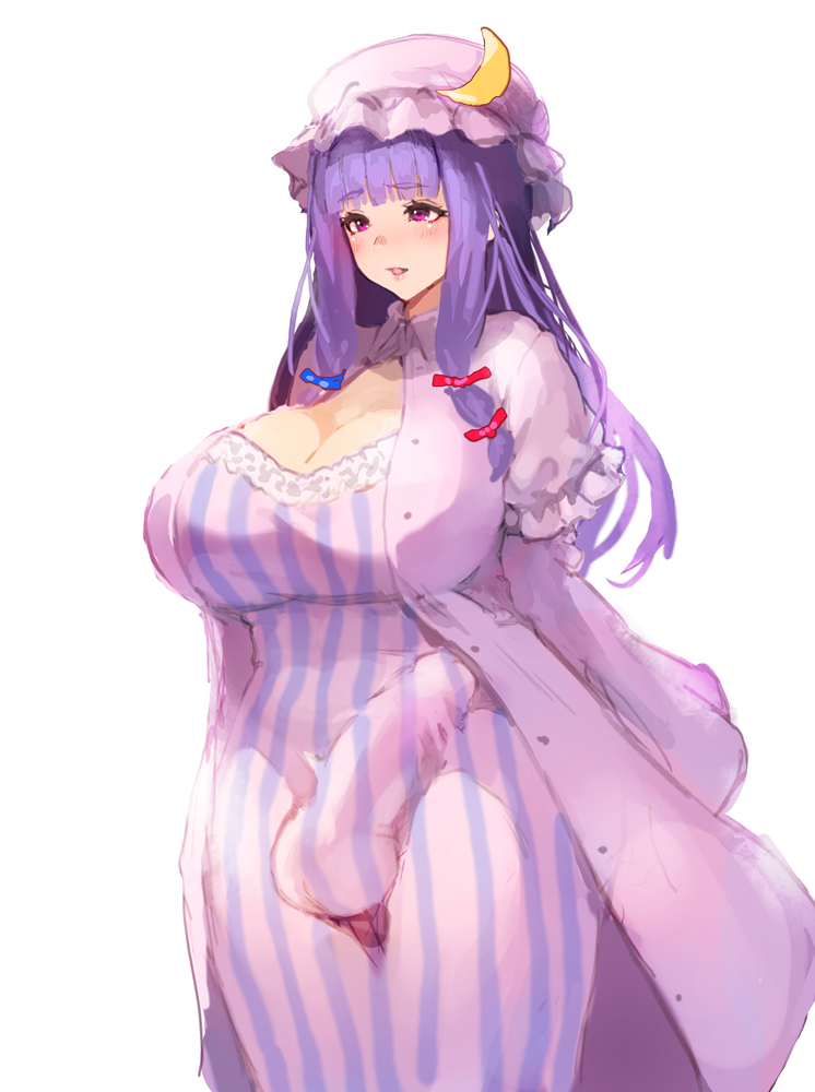 1futa balls bangs big_breasts big_penis blush blushing breasts bulge busty cleavage clothed clothing doll_hat dress erect_penis erection erection_under_clothes fully_clothed futa_only futanari headwear horny huge_breasts human hung hung_futanari large_breasts light-skinned_futanari light_skin long_hair nbo patchouli_knowledge penis penis_under_clothes purple_hair solo standing striped_clothing thick_thighs touhou unbuttoned_coat wide_hips