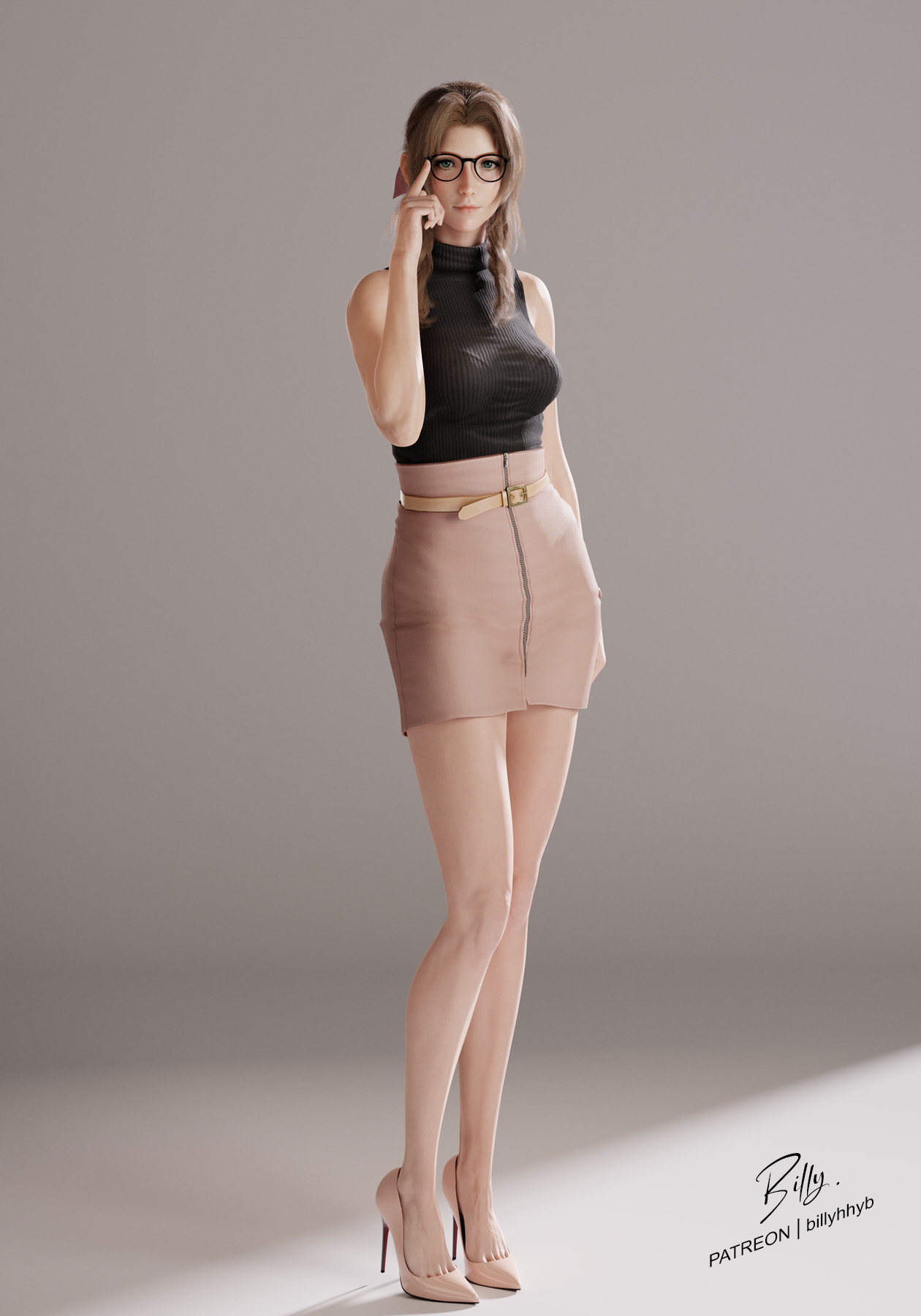 1girls, 3d, 3d (artwork), aerith gainsborough, billyhhyb, breasts, brown hair, female, female only, final fantasy, final fantasy vii, final fantasy vii remake, fully clothed, glasses, green eyes, high heels, simple background, skirt, solo, solo female