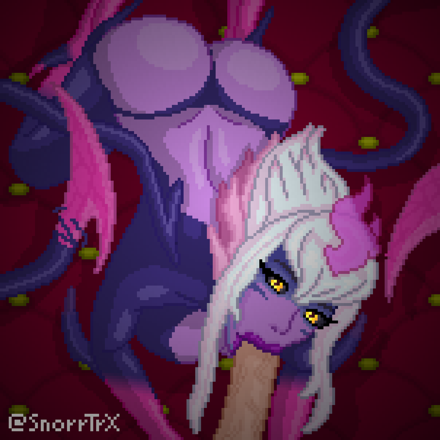 :>= ass big_ass big_butt blowjob blowjob_face demon demon_girl dominant dominant_female domination evelynn eyelashes fellatio fellatio_face femdom glowing_eyes high_heels huge_ass league_of_legends leaning_forward leaning_on_elbow lipstick looking_at_viewer looking_up looking_up_at_viewer multicolored_body multicolored_hair on_all_fours on_bed partial_male penis penis_in_mouth pixel_art pov purple_skin riot_games snorrtrx squished_breasts succubus threatening vacuum_fellatio veiny_penis vignette white_hair yellow_eyes