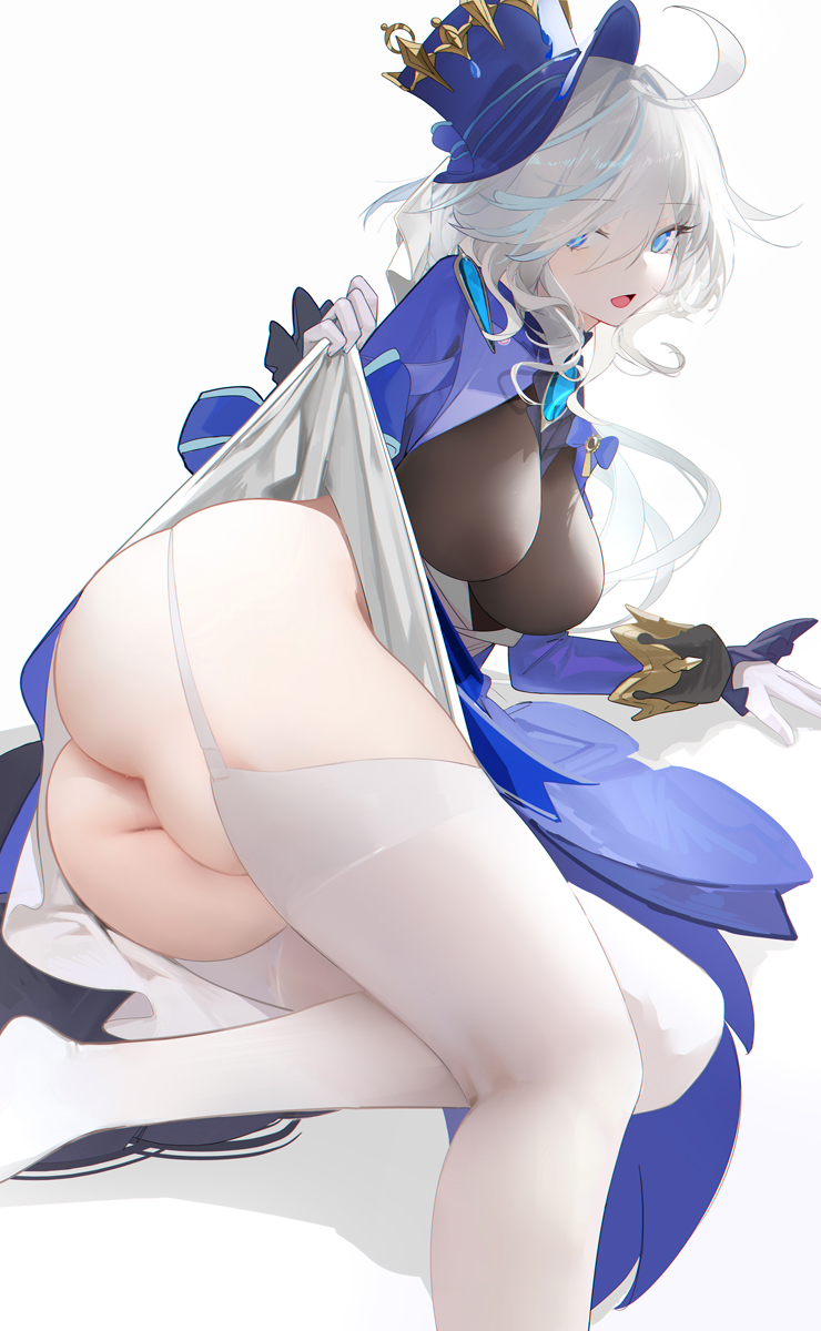 1girls archon ass ass_focus big_ass big_breasts big_butt blue_eyes blue_hair breasts busty clothed fat_ass female female_only furina_(genshin_impact) genshin_impact goddess hat hoyoverse huge_ass huge_breasts large_ass large_breasts light-skinned_female light_blue_hair light_skin mihoyo omone_hokoma_agm partially_clothed revealing_clothes stockings stockings_thigh_highs thick thick_ass thick_thighs thigh_highs thighs tight_clothes tight_clothing white_hair