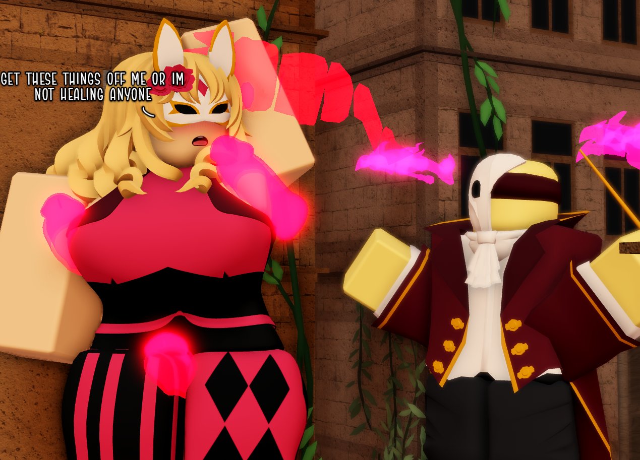 1boy 1girls 3d blonde_hair digital_media_(artwork) disembodied_hand disembodied_penis dj_(tds) english_text mask masked_female masquerade_dj masquerade_medic medic_(tds) multiple_penises pinkishpinkas roblox roblox_game robloxian tagme text tower_defense_simulator