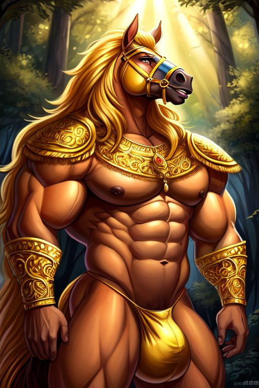 ai_generated bards_checklist forest furry god_rays himbo horse male massive_penis muscular royalty skimpy_armor slutty_outfit tagme