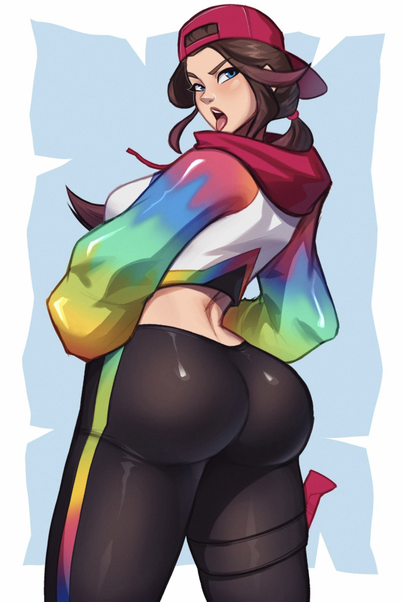 1girls ass ass_focus backwards_baseball_cap backwards_cap backwards_hat blue_eyes booty brown_hair brown_hair_female epic_games female female_only fortnite fortnite:_battle_royale hoodie long_hair looking_over_shoulder loserfruit magaska19 midriff midriff_baring_shirt ponytail rainbow_colors rainbow_highlights real_person