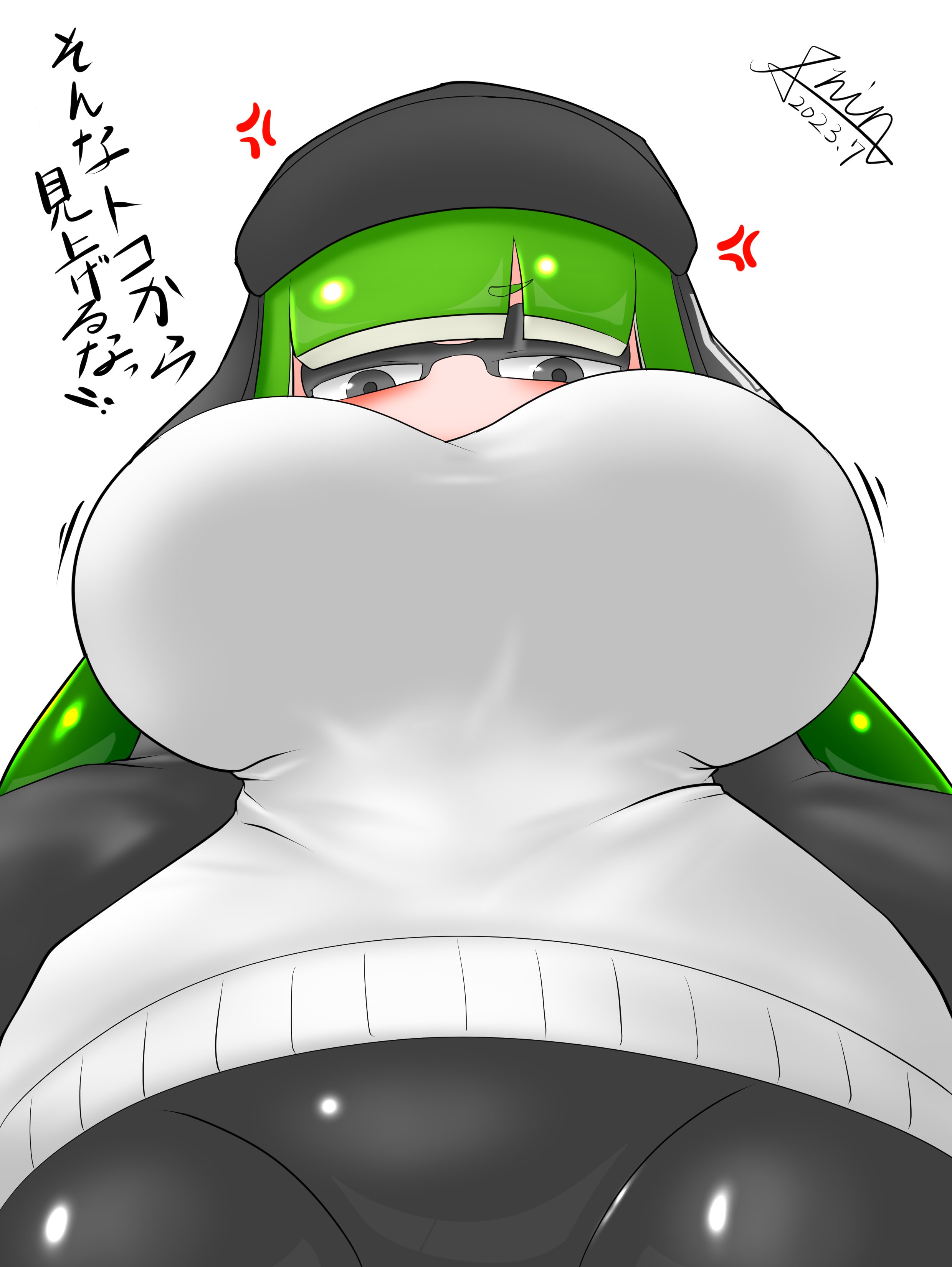 1girls, big breasts, breasts, female, green hair, green tentacles, huge breasts, inkling, inkling girl, japanese text, looking down, nintendo, oc, shin arialente, splatoon, tentacle hair, view from below, white background, white sweater
