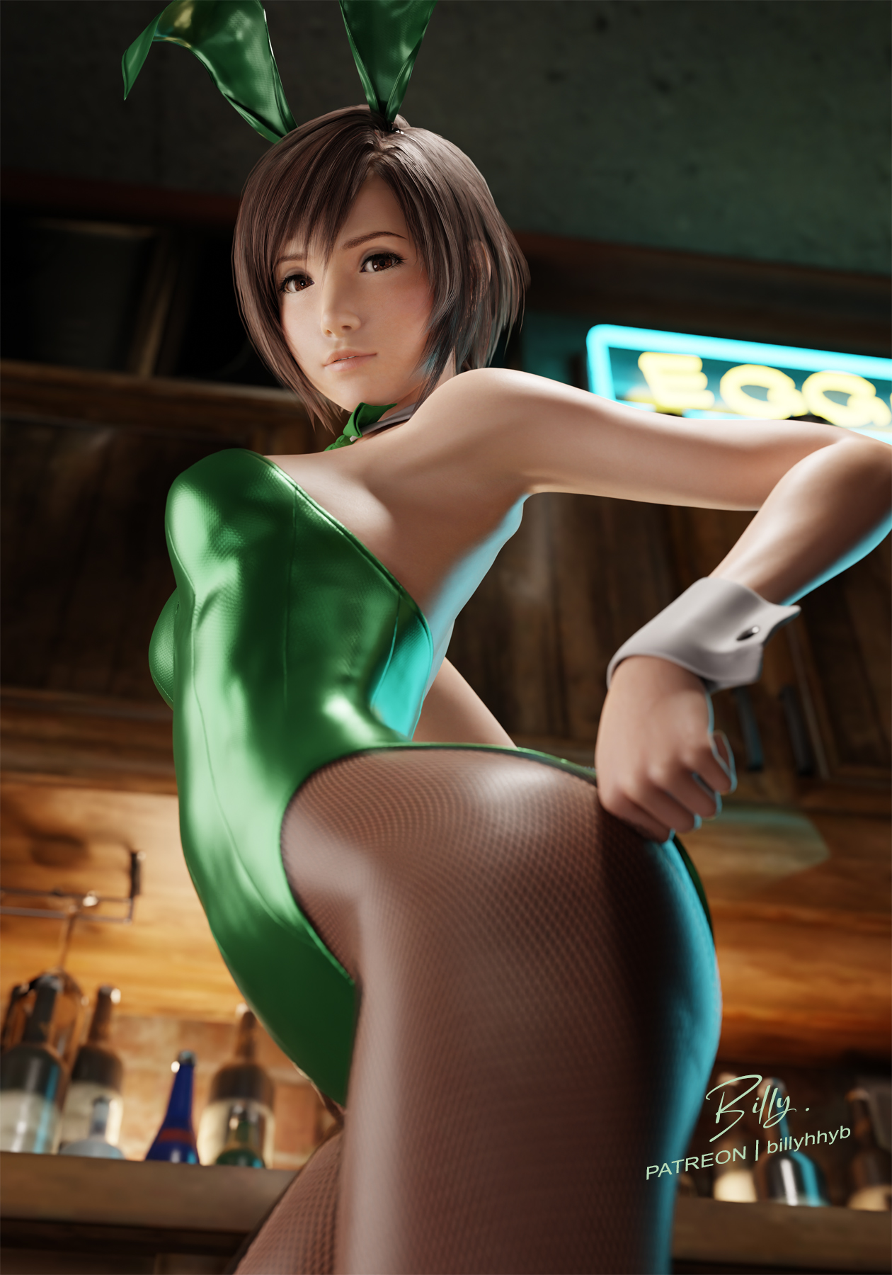 1girls, 3d, 3d (artwork), ass, billyhhyb, brown eyes, brown hair, bunnysuit, female, final fantasy, final fantasy vii, final fantasy vii remake, green leotard, leggings, looking at viewer, playboy bunny, sfw, short hair, solo, square enix, thick thighs, thighs, yuffie kisaragi