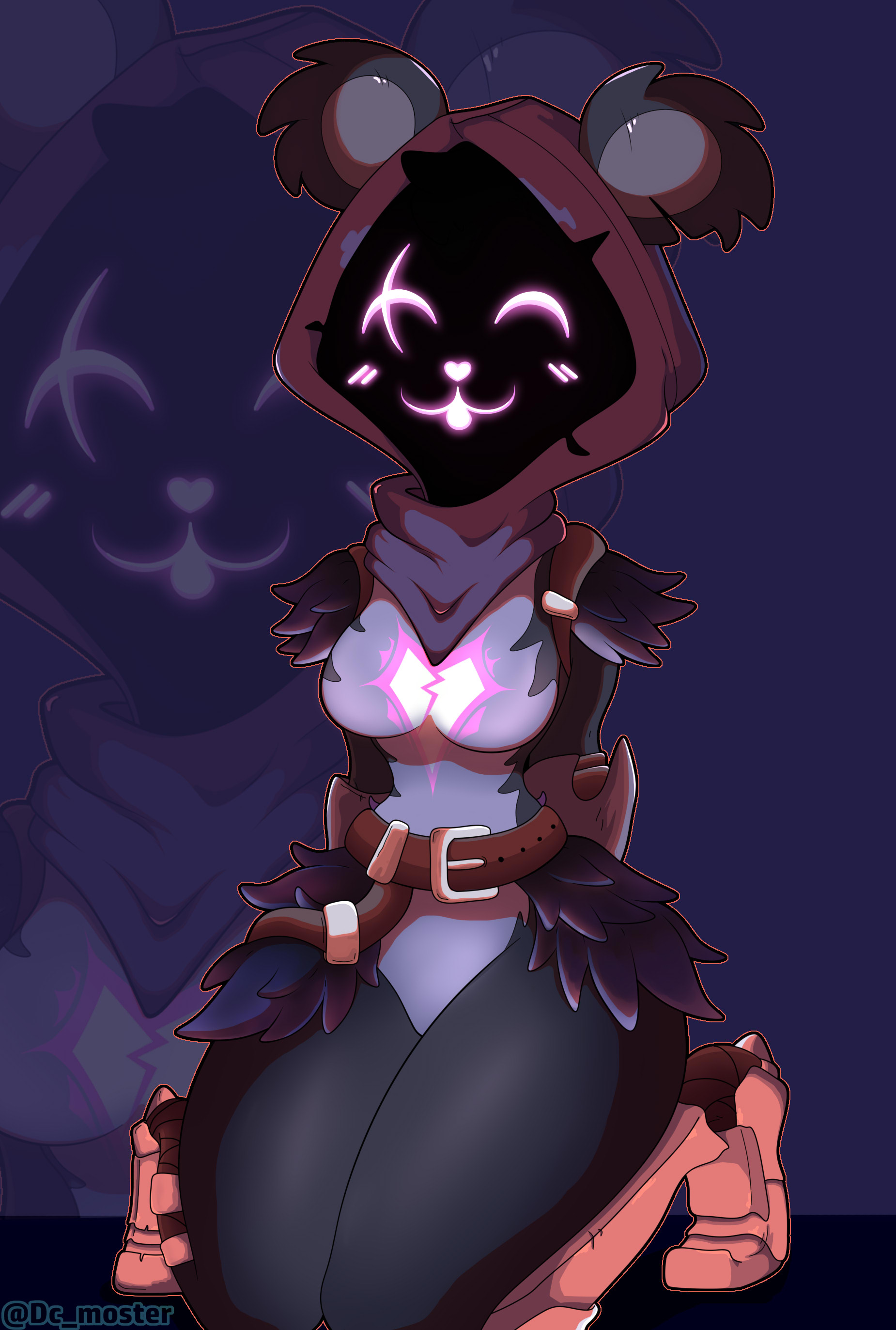 anthro, blush, blushing, clothed, clothing, cute, eyes closed, female, fortnite, furry, furry only, hood, hood up, on knees, raven team leader, raven team leader (fortnite), sfw, thick thighs
