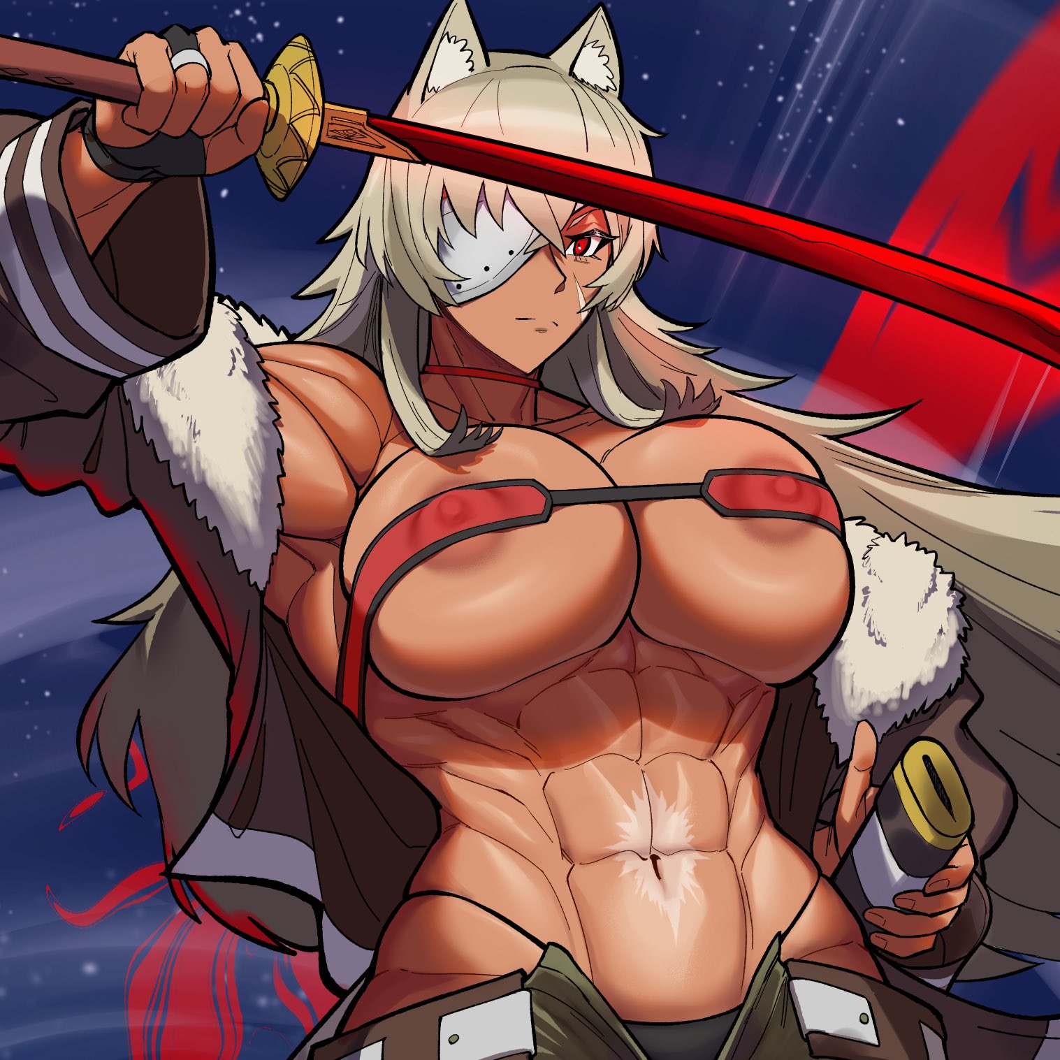 1girls, abs, big breasts, breasts, female, ghislaine dedoldia, han zaki, huge breasts, mushoku tensei, sword, tail