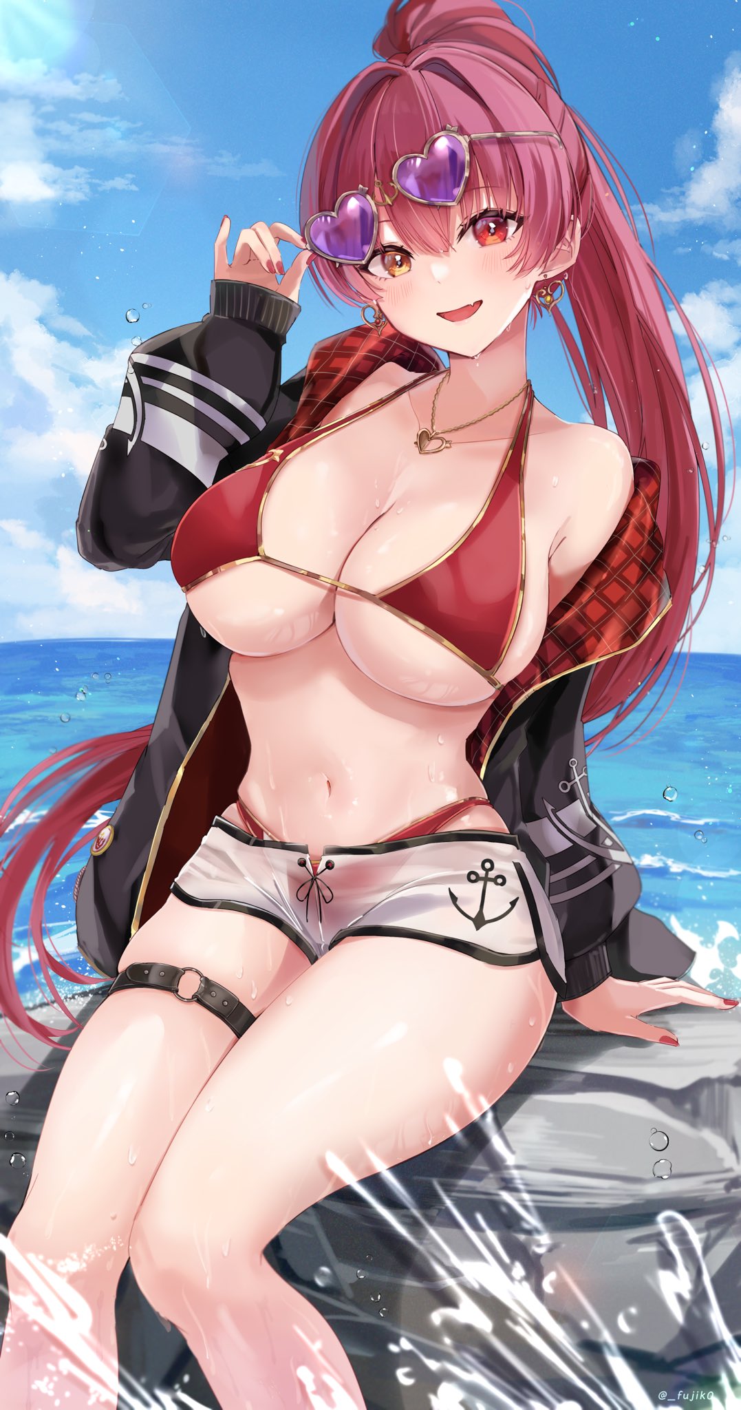 1girls, artist request, bikini, booty shorts, breasts, cleavage, dolphin shorts, female, heterochromia, hololive, hololive fantasy, hololive japan, houshou marine, huge breasts, light skin, light-skinned female, long hair, naughty face, red eyes, red hair, short shorts, shorts, smile, thick thighs, virtual youtuber, yellow eyes