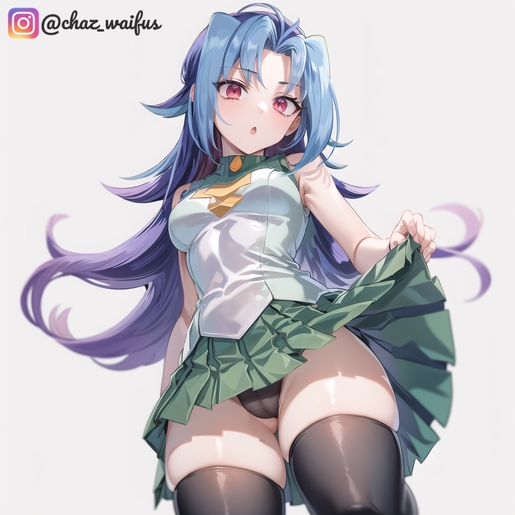 ai generated, blue hair, chaz waifus, chazwaifus2, female, female only, kamishiro rio, legwear, long hair, looking down, red eyes, rio kamishiro, skirt, solo, thick legs, underwear, white background, yu-gi-oh!, yu-gi-oh! zexal