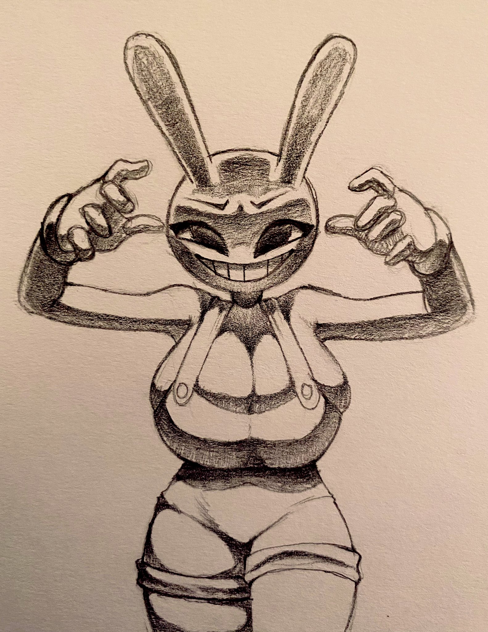anthro, artist request, big breasts, big thighs, black and white, breasts, bunny, bunny ears, female, female jax, genderswap, genderswap (mtf), glitch productions, gloves, hand drawn, huge breasts, jax (the amazing digital circus), looking at viewer, mtf crossgender, overalls, overalls only, rule 63, sketch, smile, smiling, tagme, the amazing digital circus, thick thighs