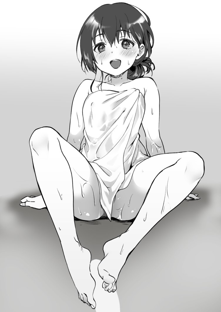 :d arm_rest arms_at_sides barefoot blank_censor blush bottomless breasts censored collarbone commentary_request disembodied_penis dot_nose feet female full_body greyscale hair_between_eyes idoly_pride knees_up leaning_back legs_apart looking_at_viewer medium_breasts mole mole_on_neck monochrome naked_towel open_mouth penis plum_(arch) shadow short_hair short_ponytail sidelocks sitting smile solo suzumura_yuu sweat teeth thighs toes towel upper_teeth_only wet