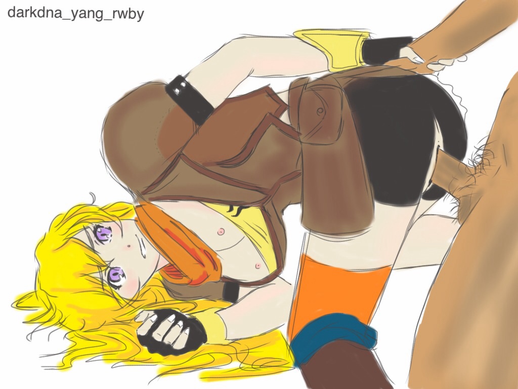 ass, bent over, bike shorts, blonde hair, breasts, breasts out, clothed, clothed sex, dark skin, dark-skinned male, faceless male, female, fingerless gloves, hand on ass, interracial, male, purple eyes, rape, ripped clothes, rwby, straight, tagme, tears, yang xiao long