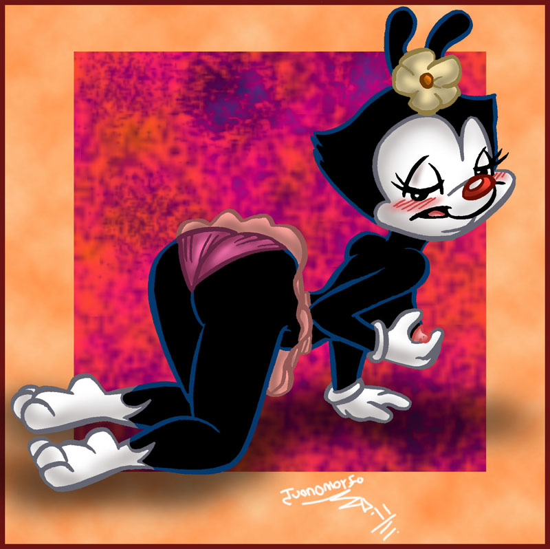 2011 animaniacs anthro ass black_fur blush breasts clothes clothing color dot_warner female female_only flower fur furry juanomorfo nipples panties red_nose skirt solo tagme topless white_fur