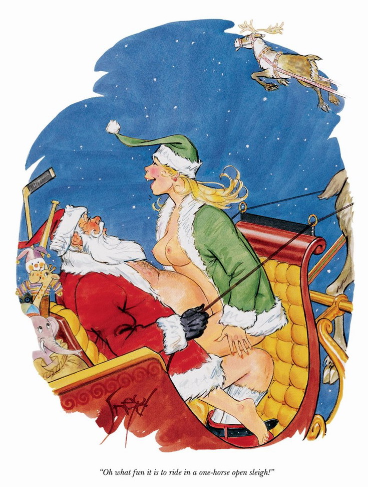 1boy 1girls age_difference blonde blonde_hair bottomless breasts breasts_out christmas closed_eyes cowgirl_position enjoying fat_man female happy happy_sex human implied_sex male mouth_open night nipples old_man older_male open_clothes outdoors outside santa_claus santa_costume santa_hat sex sleigh straight white_beard younger_female