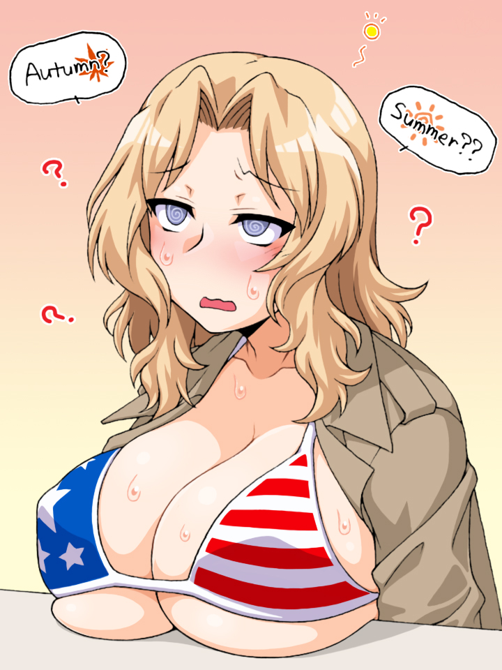 1girls ? american_flag_bikini bikini blonde_hair blue_eyes blush breasts breasts_on_table cleavage clothes collarbone female girls_und_panzer gradient_background jacket kay_(girls_und_panzer) large_breasts long_hair military_jacket oosaka_kanagawa open_clothes open_clothing open_coat open_mouth orange_background simple_background solo spiral_eyes sweat upper_body yellow_background