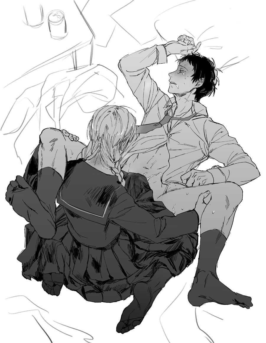 2boys adachi_tooru after_anal arm_up bottomless braid clothed_sex collared_shirt commentary_request crossdressing cum cum_on_body cum_on_male cum_on_stomach exhausted from_above fucked_silly full_body greyscale holding_another's_leg ido_(nothing679) indoors long_hair long_sleeves looking_to_the_side loose_necktie lying male_focus monochrome multiple_boys narukami_yu narukami_yuu necktie no_shoes on_back partially_unbuttoned persona persona_4 pleated_skirt sailor_collar saliva school_uniform serafuku shirt short_hair sitting skirt socks sweat tears tohru_adachi twin_braids wariza yaoi