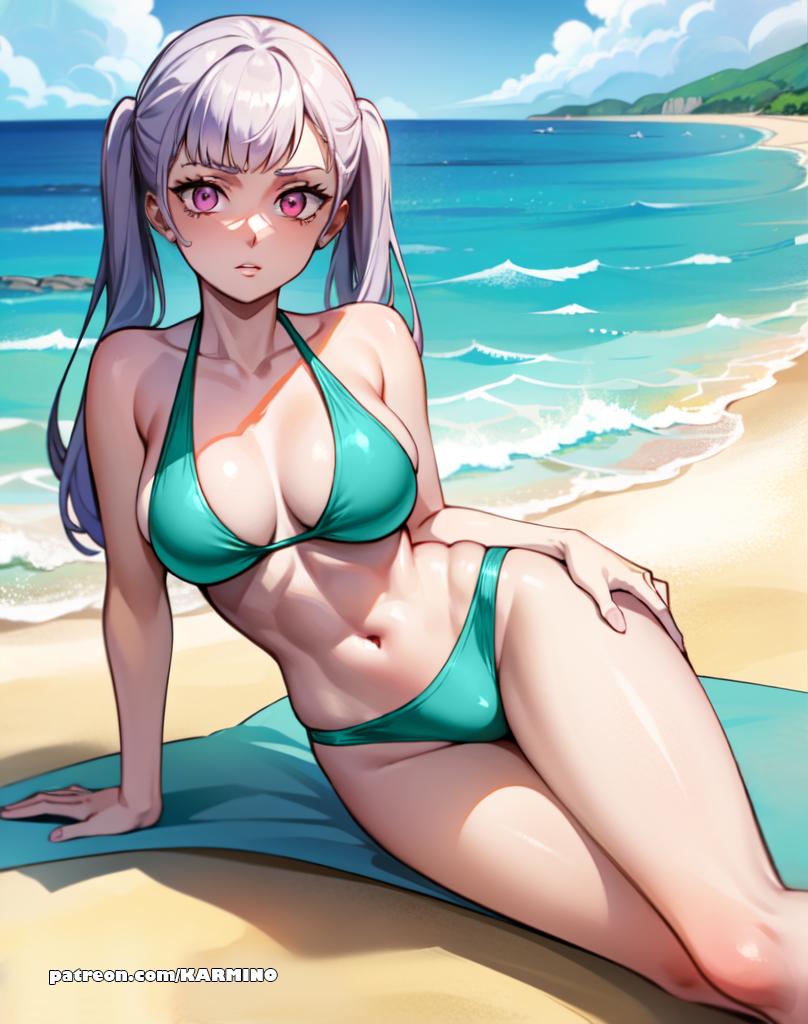 1girls ai_art ai_generated anime_style beach beach_background bikini black_clover female female_only green_bikini karmino medium_ass medium_breasts noelle_silva pink_eyes ponytail silver_hair solo tanning white_skin