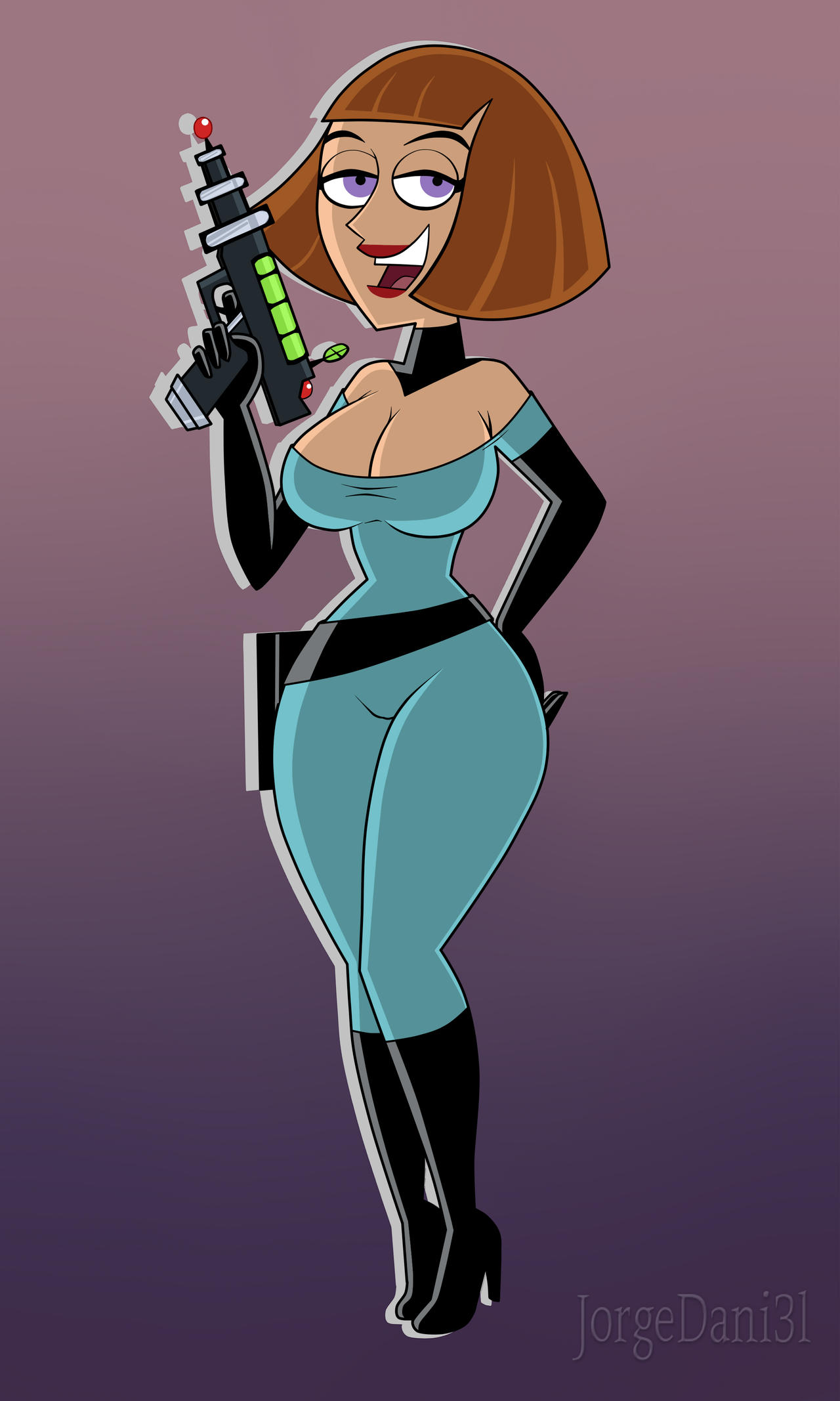 1girls, 1milf, ass, big ass, big breasts, bodysuit, boots, breasts, brown hair, cleavage, curvaceous, curvy, curvy female, curvy figure, danny phantom, elbow gloves, female, gloves, holding weapon, hourglass figure, jorgedani3l, looking at viewer, madeline fenton, milf, purple eyes, thin waist, voluptuous, voluptuous female
