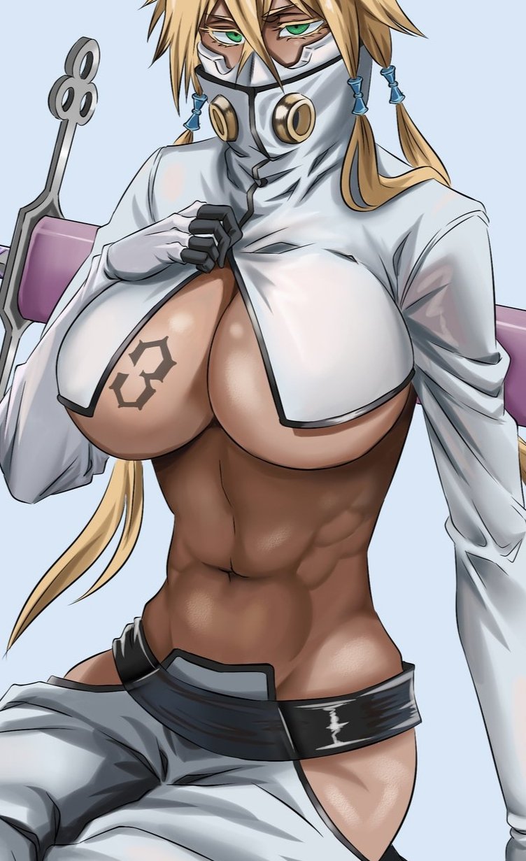 1girls abs arrancar big_breasts bleach blonde_hair blue_background breasts covered_face dark-skinned_female dark_skin espada face_covered female female_only rakusakugk solo tattoo tia_harribel underboob zipper