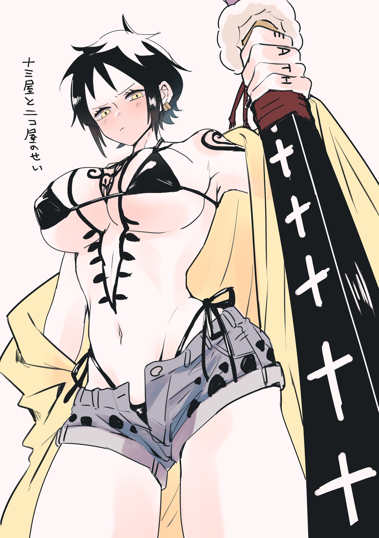 1girls, akns op, big breasts, bikini, bikini top, black bikini, black hair, blush, breasts, chest tattoo, denim shorts, female, female only, genderswap, genderswap (mtf), katana, looking at viewer, looking down, low-angle view, micro bikini, off shoulder, one piece, one piece: egghead arc, open pants, open shirt, rule 63, shiku shiku no mi, short hair, short shorts, shorts, side-tie bikini, sidelocks, solo, sword, tattoo, tattoos, trafalgar law, underboob, very short hair, weapon, yellow eyes