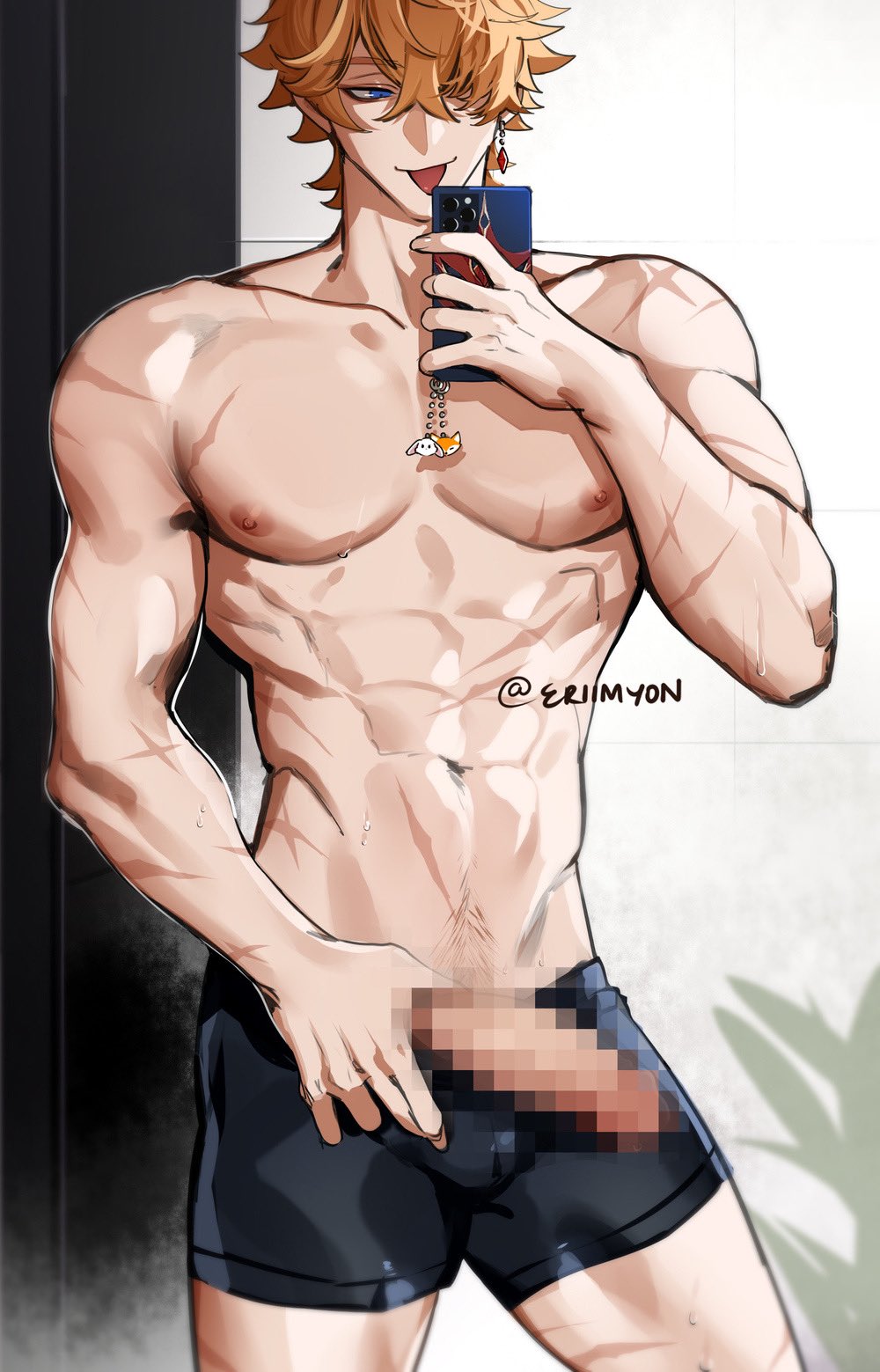 1boy abs big_penis boxers cellphone censored censored_penis childe_(genshin_impact) dick dick_pic eriimyon genshin_impact holding_object holding_penis large_penis male male_only mirror_selfie muscular muscular_male penis scars scars_all_over tartaglia_(genshin_impact) tongue tongue_out underwear