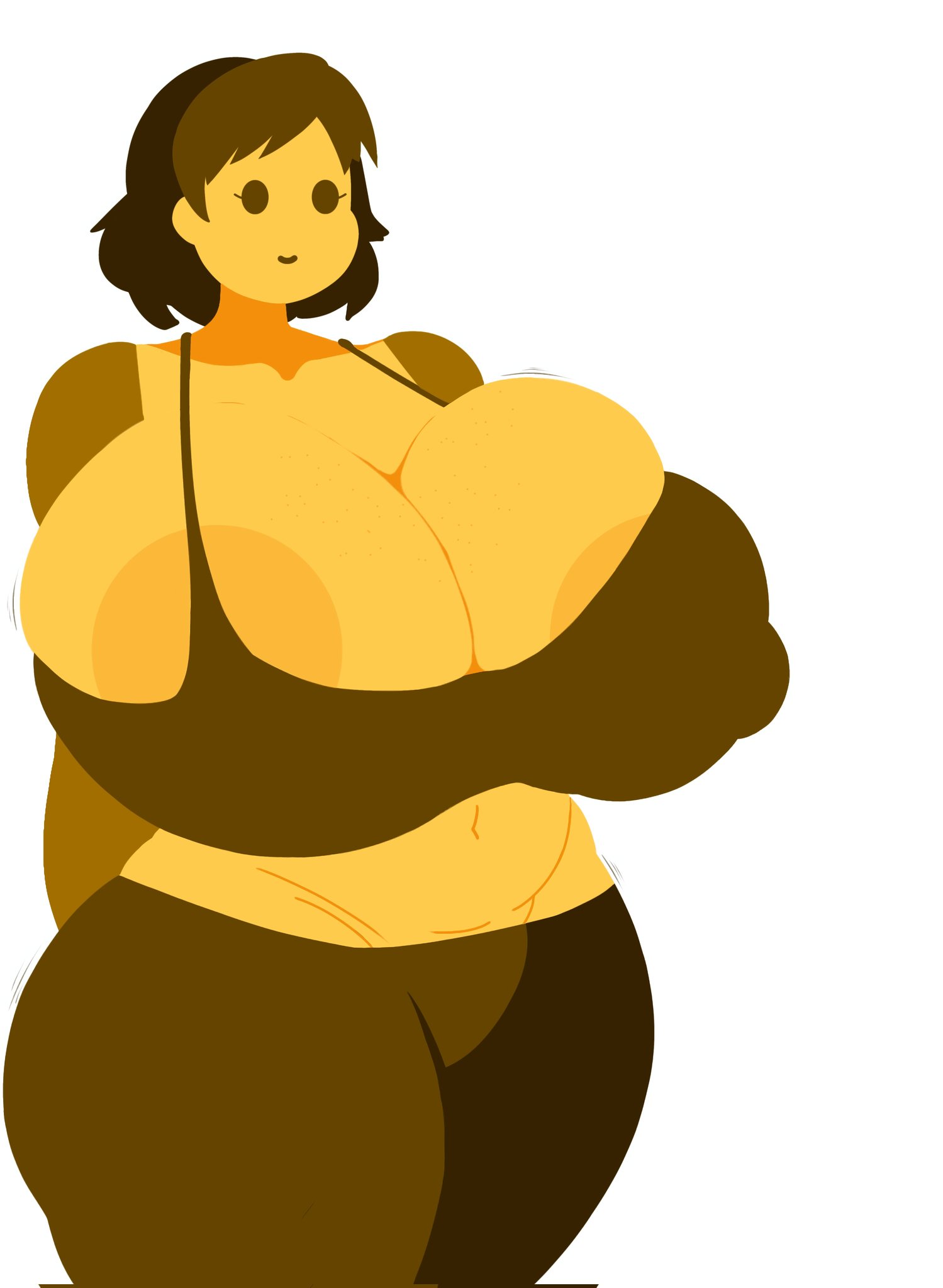 :), 1girls, areola slip, barely contained, belly button, bra, breasts, bursting breasts, busty, cleavage, curvaceous, deep cleavage, emoji, emoji (race), female, female only, front view, hands behind back, huge breasts, humanoid, looking away, midriff, mob face, navel, nipple bulge, nipples, no outlines, noseless, overflowing breasts, pants, short hair, simple background, skindentation, smile, solo, solo female, sports bra, standing, thighs, three-quarter portrait, three-quarter view, tight clothing, tight fit, venus body, videogamedunky, voluptuous, white background, yellow body
