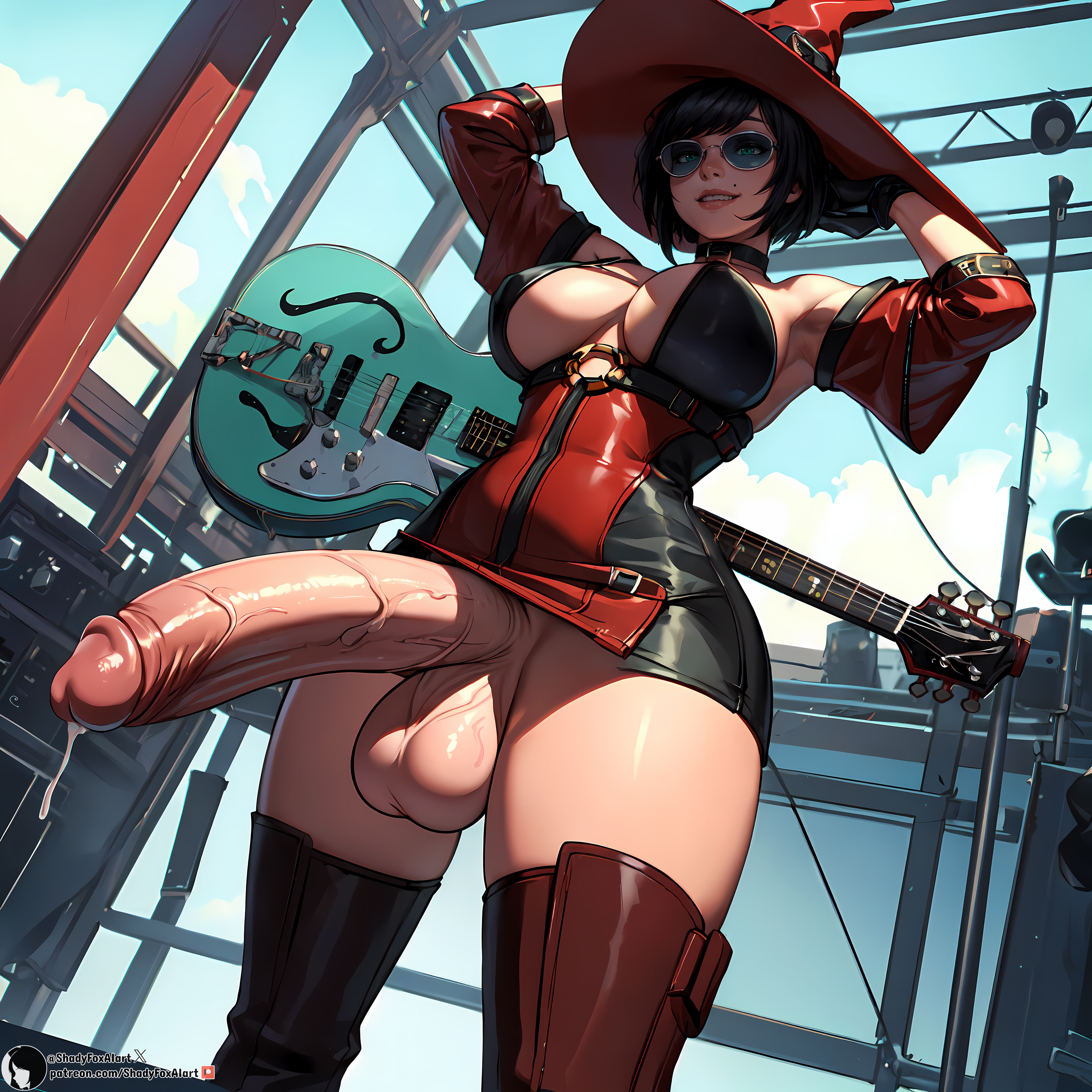 1futa, ai generated, armpits, arms up, aviator sunglasses, balls, beauty mark, big penis, black hair, blue-tinted eyewear, bodily fluids, breasts, choker, cloud, clouds, covered breasts, day, daytime, dripping, dripping precum, exposed penis, eyelashes, flaccid, flaccid penis, from below, front view, futa only, futanari, glasses, gloves, green eyes, guilty gear, guitar, hands behind head, hat, high resolution, highres, i-no, intersex, legwear, lips, long sleeves, looking at viewer, low-angle view, mole, no panties, no underwear, outdoors, penis, precum, precum drip, self upload, shadyfox, shiny, shiny clothes, shiny skin, short hair, skimpy, skimpy clothes, sky, smile, solo, solo focus, solo futa, stable diffusion, stage, standing, sunglasses, sunlight, teeth, teeth showing, teeth visible, testicles, thighhighs, tinted eyewear, upper teeth, vein, veins, veiny, veiny penis, witch hat