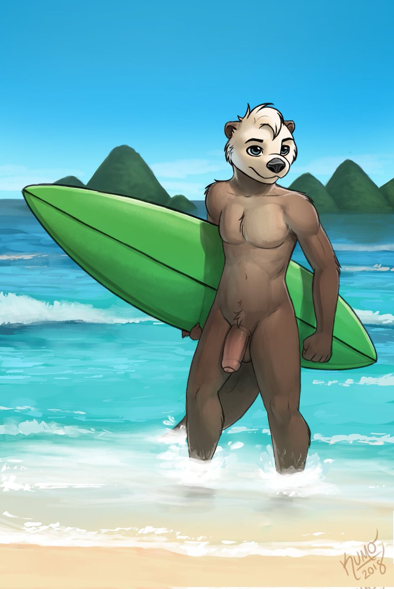 anthro blue_eyes brown_body brown_fur foreskin fur genitals hair hi_res kumotta male mammal mustelid nude otter penis sea sea_otter surfboard water white_hair